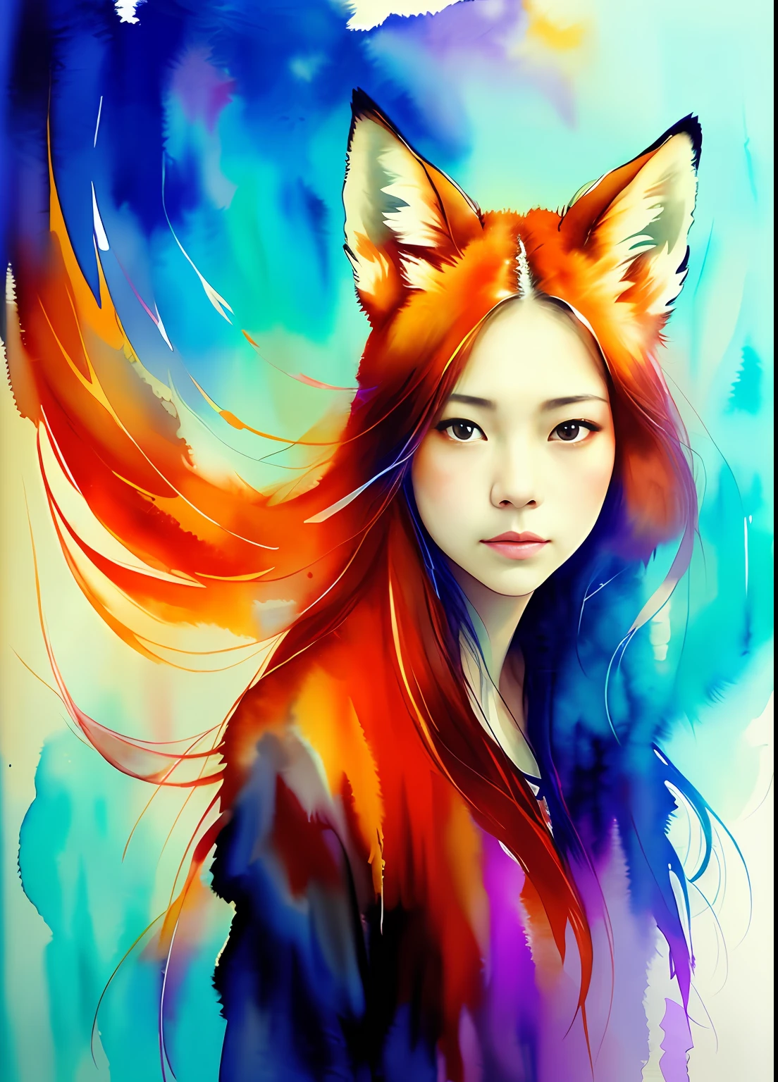 A painting by MSE, A Chinese Woman by Agnes Cecile，(face like fox), (fox's tail gleaming in the picture's background), Luminous design，pastelcolor，the watercolor style，Splash ink，Ink drops，Autumn lights