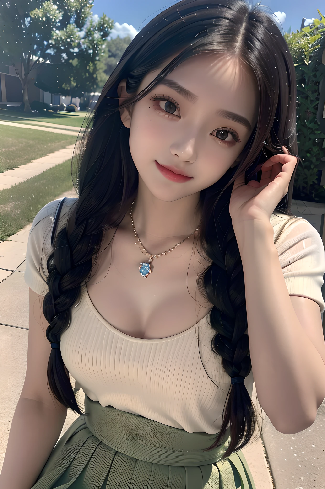 Realism, 18 years old beautiful and cute girl, masterpiece, best quality, crystal necklace, a delicate and beautiful girl, big eyes with a god, long eyelashes, beautiful pupils, sweet eyes with lying silkworms, sweet smile, (face filling), outdoor, sexy girl with S-shaped body, smooth wavy braids, (petite), tight shirt, pleated skirt,