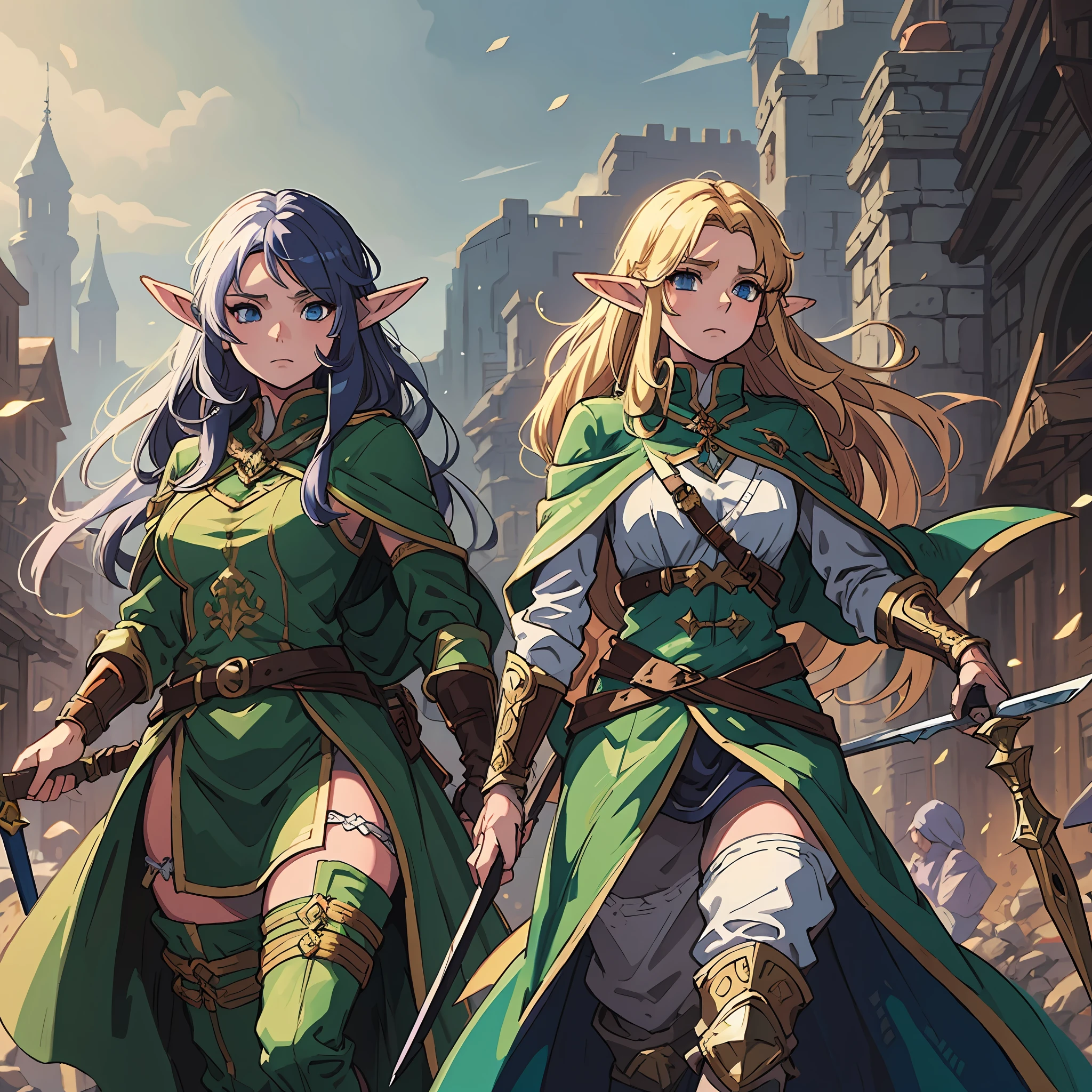 dois personagens de anime com cabelos loiros e olhos azuis, zelda e link, granblue fantasia, Wlop e Sakimichan, Genshin, fanart melhor artstation, Arte estilo Zelda, Arte no estilo de Guweiz, crisp clear rpg portrait, Um retrato de Link, estilo botw, arte de anime digital detalhada, 2. 5 d cgi anime fantasia arte, blond haired girl with blue eyes and a brown vest standing next to a blonde haired man, a character portrait by Ren Renfa, pixiv, fantasy art, anime in fantasy style, coriolios rpg art style, male blonde elf ranger, lodoss, elven, epic rpg portrait, elvish, portrait dnd, elves, dungeons and dragons portrait