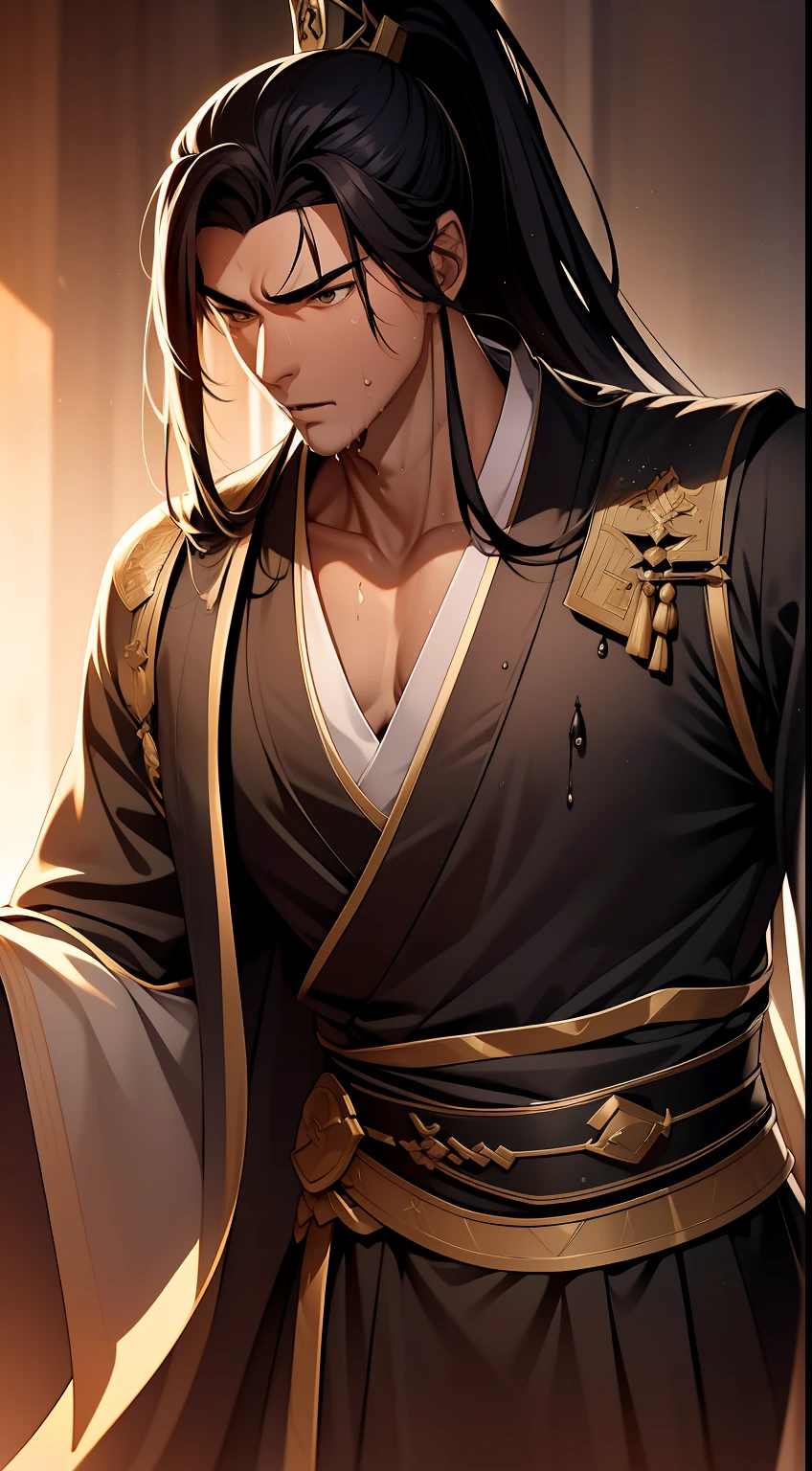 quadratic element,style of anime,mtu(Male Warrior),musculature,The proportions are correct,Face details,swordsmen,High ponytail hairstyle,perspired,Sweat on the face,drools,Neck details,There is an Adam's apple,Get wet,Drenched,Black Hanfu,kaftan,Embroidered robes,Black robe,clothes details,Handing over,longer sleeves,Game quality,Swordsmanship,Light and shadow tracking,Ray traching,detailed glow,cg render,hair detail,cabelos preto e longos,Golden eyes,Sweat on the face,Handsome,Handsome,Beads of sweat slipped down my neck,(juvenile sense),Clothing is complicated,Drenched,Get wet,Perfectcomposition,Refinement,high qulity,higher details,Lots of details,The background is complex,a sense of atmosphere,