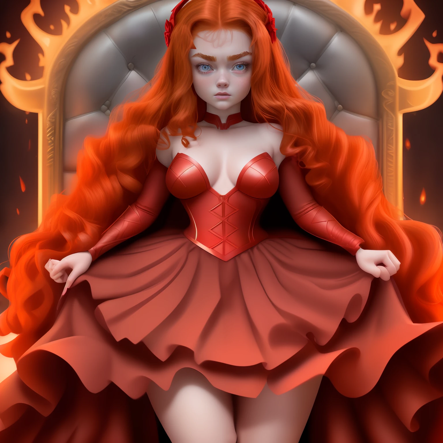 ((Maxed details))Full body American actress (Sadie sink) as a Scarlett witch,8KUltra,wide angle,detail body (big boobs), extreme detailed (eyes & eyebrows) extreme detaile, detailed hair(Ginger colour hair,style wavy hair),face extreme detail(cute,stunning),sharp look,wide ass, background (throne in hell)))