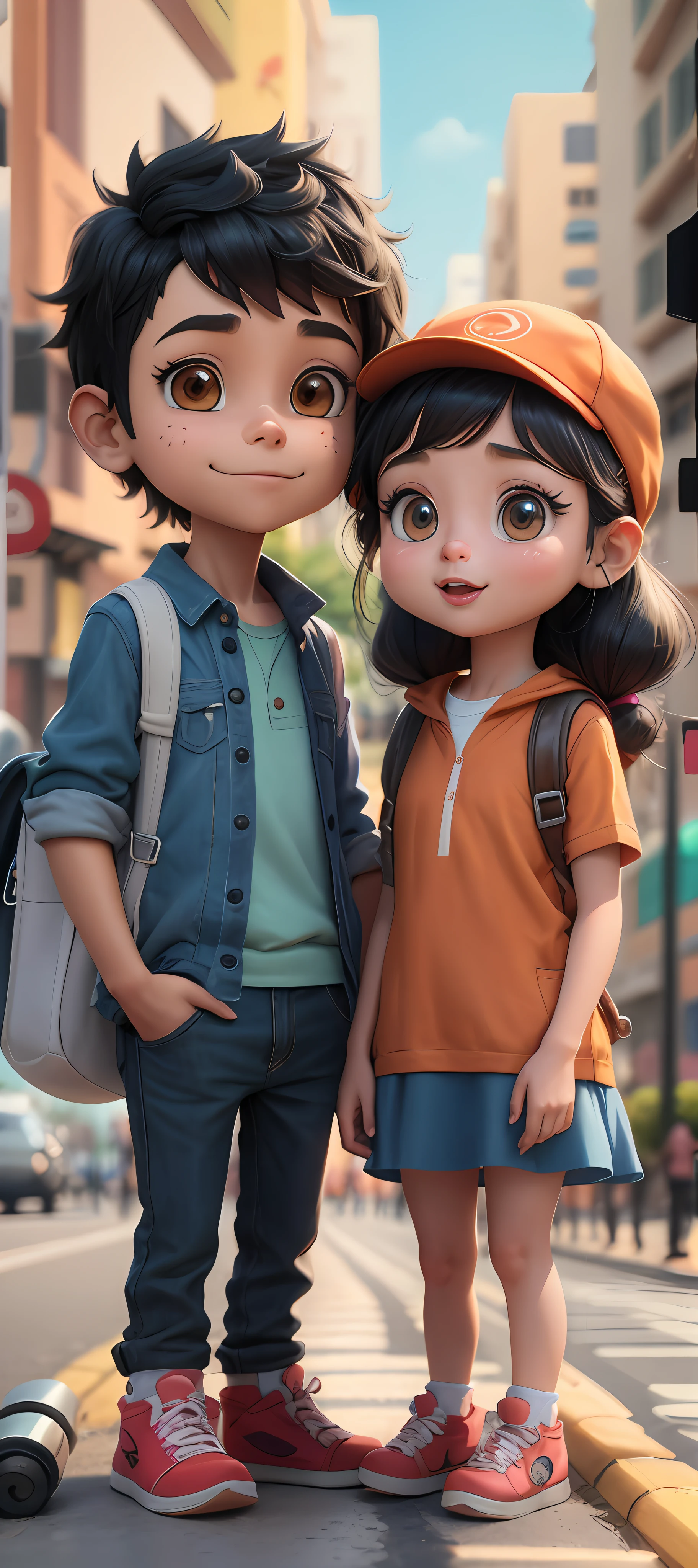 A couple of cartoon characters standing next to each other in the street, Cute cartoon style, لطيف 3D التقديم, أحرف 3D, cute cartoon character, 3D كرتون, adorable digital painting, In Disney-style animation, Realistic 3D style, Boy and girl, Cute cartoon, cartoon pattern illustration, 3D Animated Movie, The embodiment of the animation style, cute detailed digital art