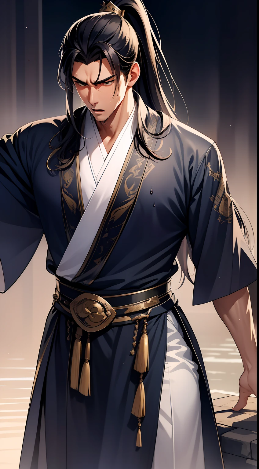 quadratic element，style of anime，mtu（Male Warrior），musculature，The proportions are correct，Face details，swordsmen，High ponytail hairstyle，perspired，Sweat on the face，drools，Neck details，There is an Adam's apple，Get wet，Drenched，Black Hanfu，kaftan，Embroidered robes，Black robe，clothes details，Handing over，longer sleeves，Game quality，Swordsmanship，Light and shadow tracking，Ray traching，detailed glow，cg render，hair detail，cabelos preto e longos，Golden eyes，Sweat on the face，Handsome，Handsome，Beads of sweat slipped down my neck，（juvenile sense），Clothing is complicated，Drenched，Get wet，Perfectcomposition，Refinement，high qulity，higher details，Lots of details，The background is complex，a sense of atmosphere，