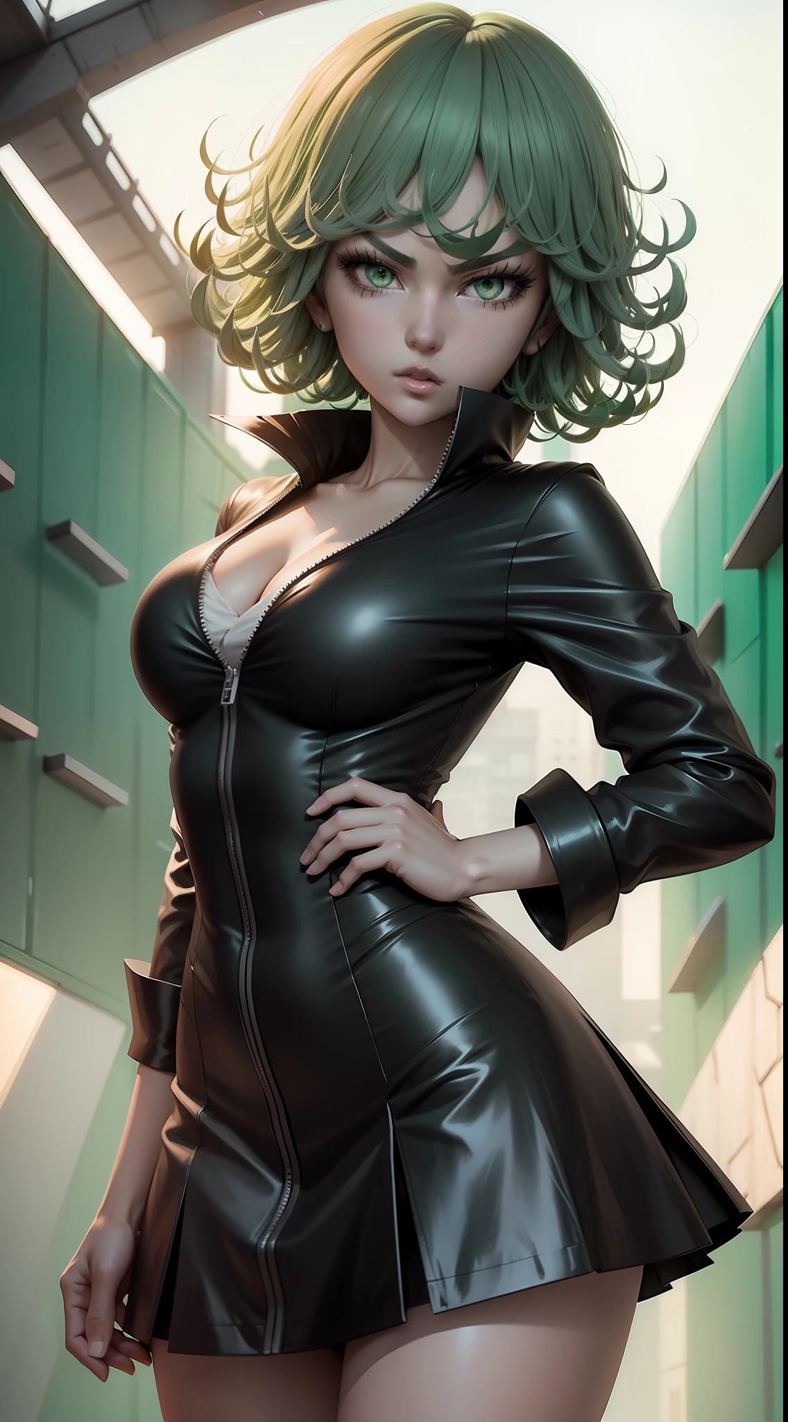 Full body shot of a real life tatsumaki from one punch man, solo, flying in the sky with green hair and black dress in a green field, with green curly hair. Perfect body composition, perfect AI-drawn artwork, responsible for the layout. cute pretty face, nagito komaeda, 3D anime style 8k, demon slayer fan art, epic anime style, stylized anime, anime style digital art, digital art from danganronpa , realistic art style. highest image quality, most detailed, high octane, detailed everything 3D quality 8k