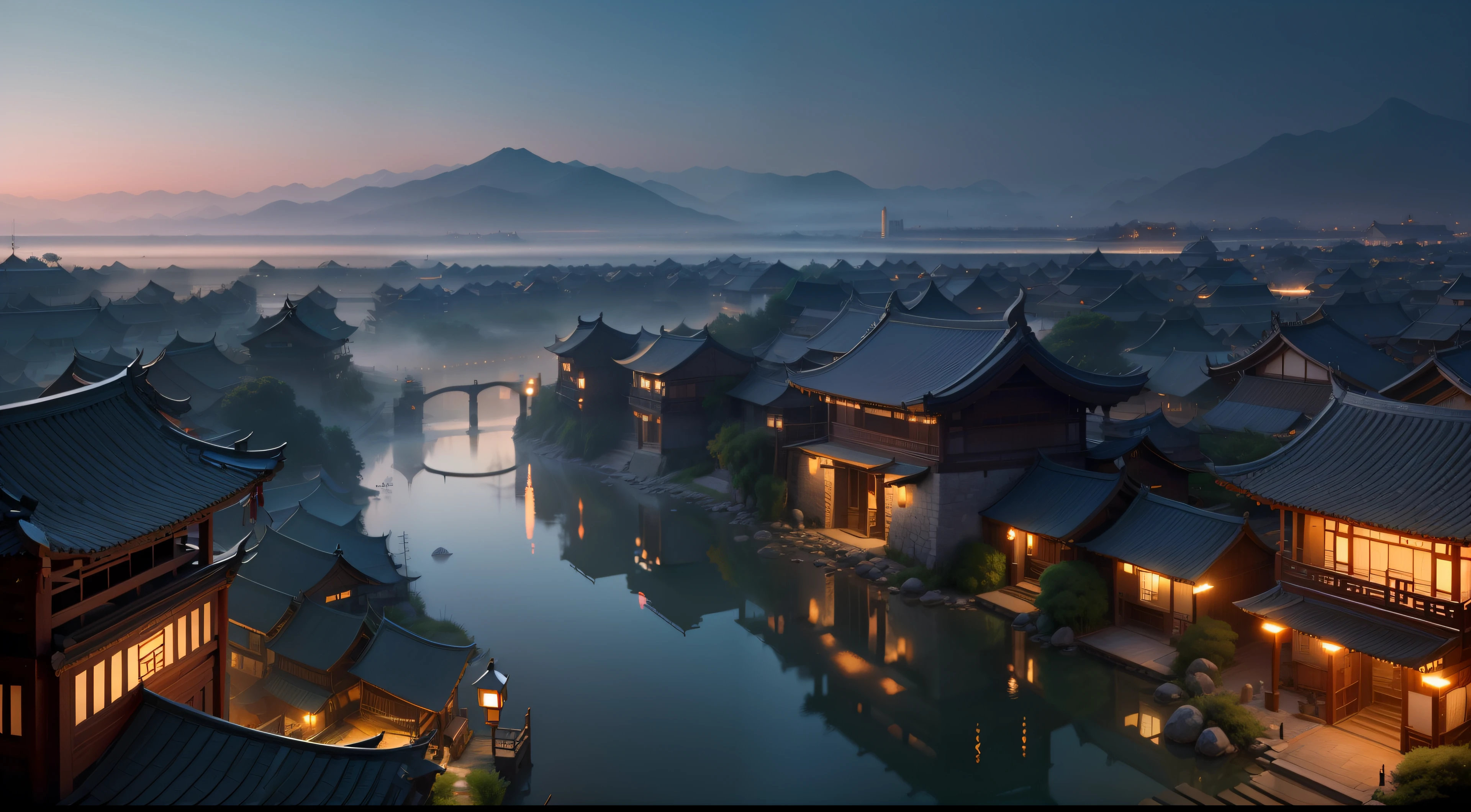 Arafed view of a village,a lot of lights on the buildings,dreamy Chinese towns,zori, Chinese village in the morning,Amazing wallpapers,Oriental town,Chinese village,surreal photo of a small town,old asian village,Eastern city,Raymond Han,Ancient Chinese castles, Well-lit building, Morning in the fog, Beautiful and aesthetic, photography of, cinematic ligh, 8K, high detal ((Ground area water))