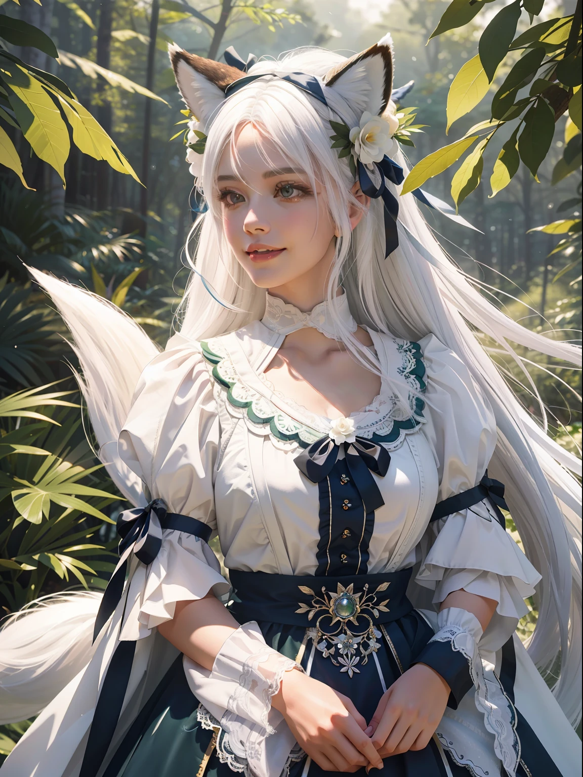 Girl with white hair with fox ears,teens girl,at a forest,green plant,leafs,longeyelashes, solid circle eyes, fake animal ears, light smile, fang, white hair, crown, hairpin, hair ribbon, hair bow, ribbon, hair flower, horns, Surrealism, pov, atmospheric perspective, cinematic lighting, ray tracing, first-person view, wide shot, vanishing point, panorama, 35mm, lens flare, 8k, super detail, ccurate, best quality, UHD, retina, masterpiece, anatomically correct, textured skin, high details, high quality
