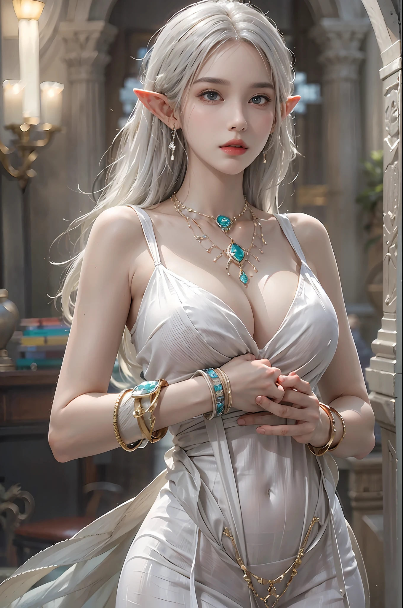 photorealistic, high resolution, 1 woman, solo, hips up, detailed face, beautiful eyes, narrow waist, white hair, long hair, huge breast, bracelets,elegant necklace, elegant diamond earrings, dress, earrings, elf, fantasy