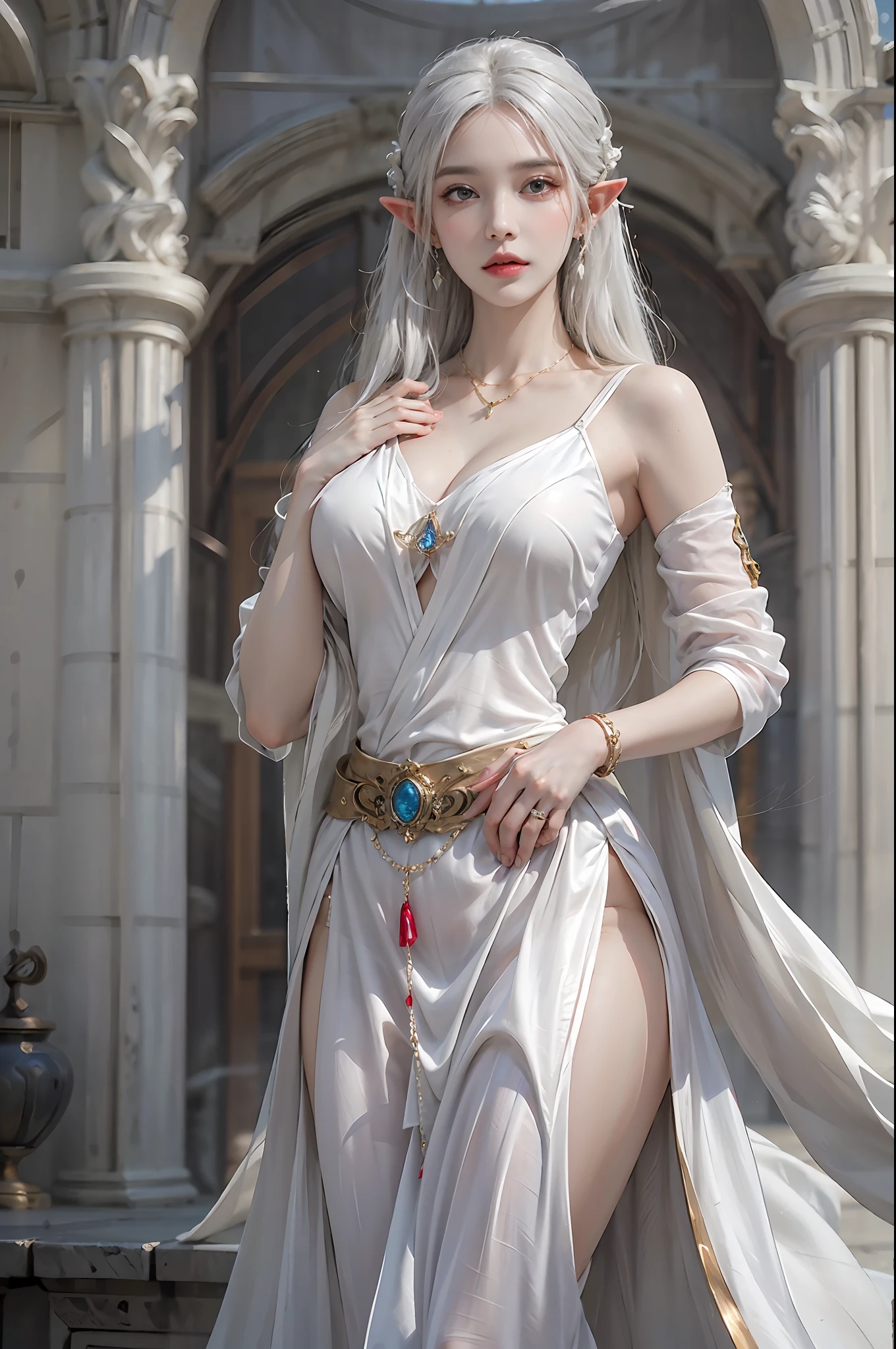 photorealistic, high resolution, 1 woman, solo, hips up, detailed face, beautiful eyes, narrow waist, white hair, long hair, huge breast, bracelets,elegant necklace, elegant diamond earrings, dress, earrings, elf, fantasy