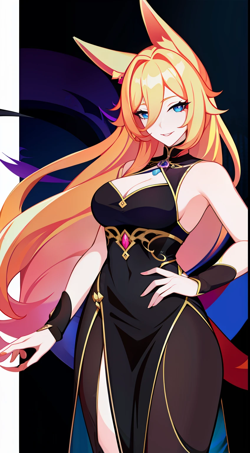 Adult woman, longue blonde hair, The eyes are blue, fox ears and tail, Black Chinese dress, ssmile, blue lipstick, Masterpiece, hiquality