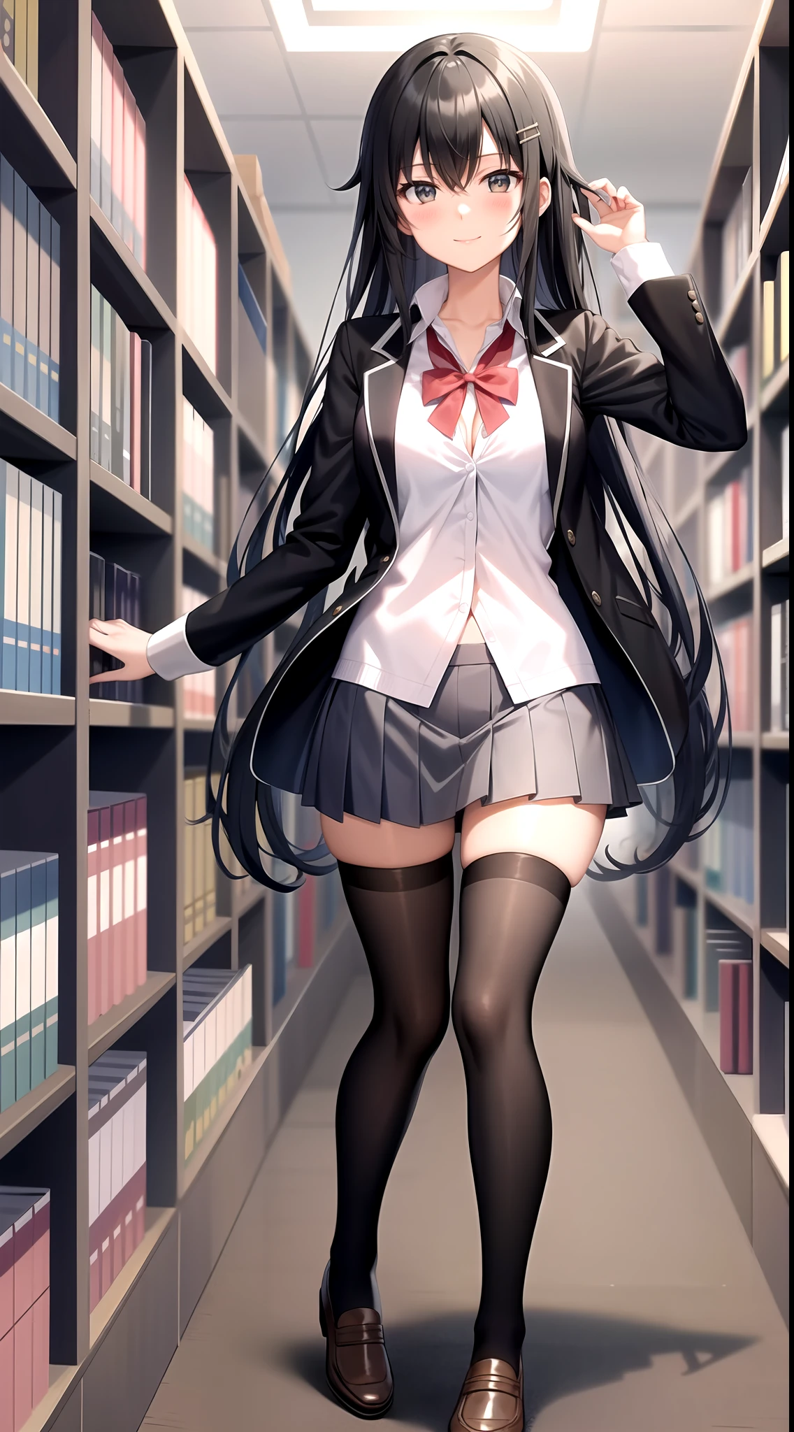 Yukino yukinoshita, long hair, cleavage, navel, slim legs, black hair, blue eyes, short skirt, thigh high socks, , happy, school uniform, library