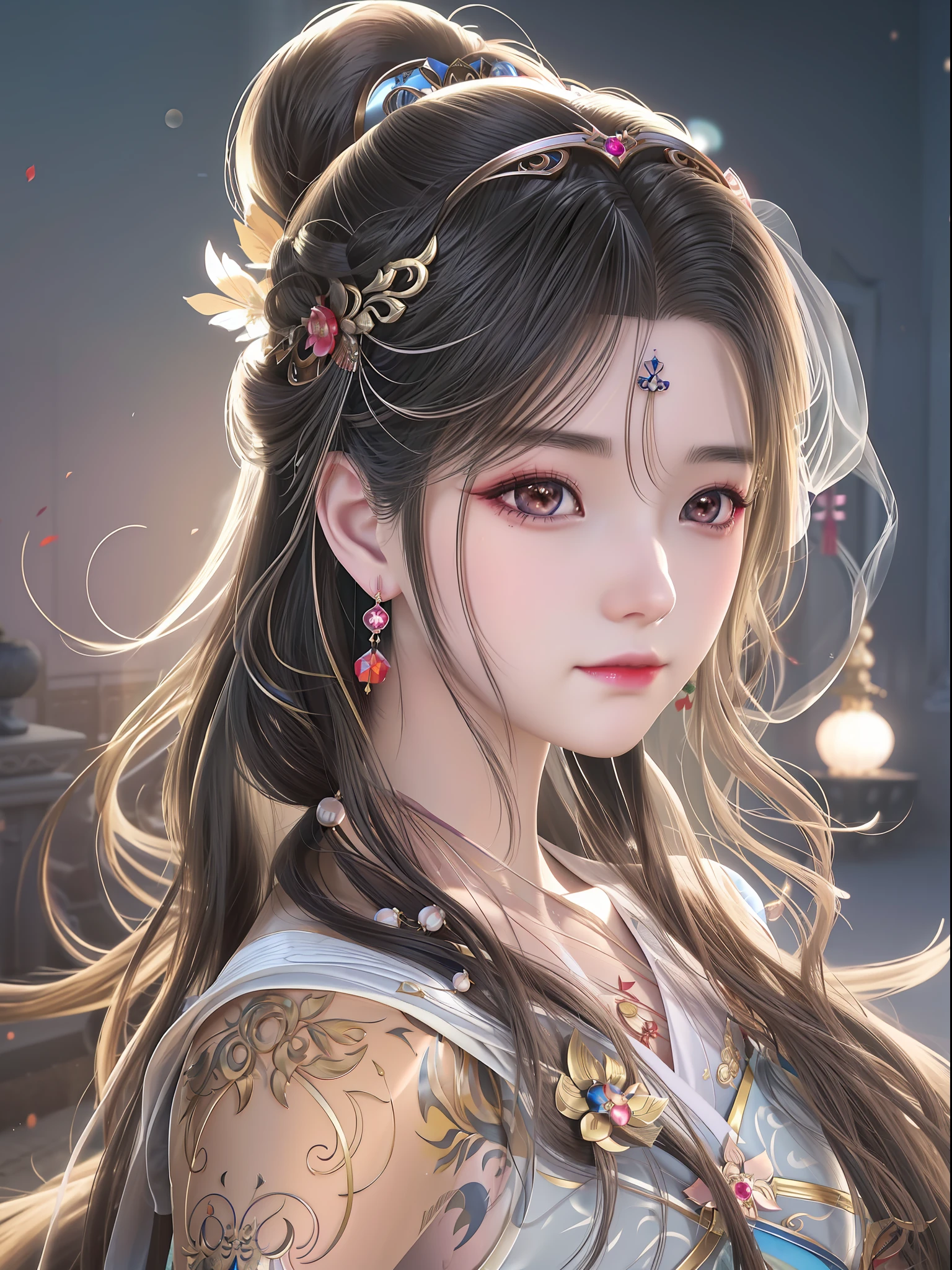 anime girl with long hair and a tattoo on her arm, a beautiful fantasy empress, by Yang J, Palace ， A girl in Hanfu, inspired by Du Qiong, a beautiful anime portrait, Beautiful character painting, ((a beautiful fantasy empress)), detailed portrait of an anime girl, Stunning anime face portrait, By Li Song, Smooth anime CG art