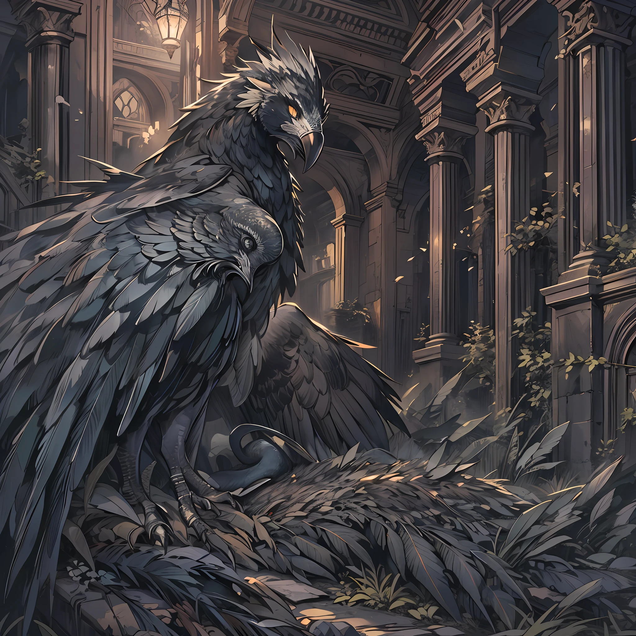 "An ultra-detailed masterpiece dark ruins with intricate details emphasized on the large black feathers. The realism of the image is highlighted by delicate lighting a best-quality and ultra-detailed illustration."