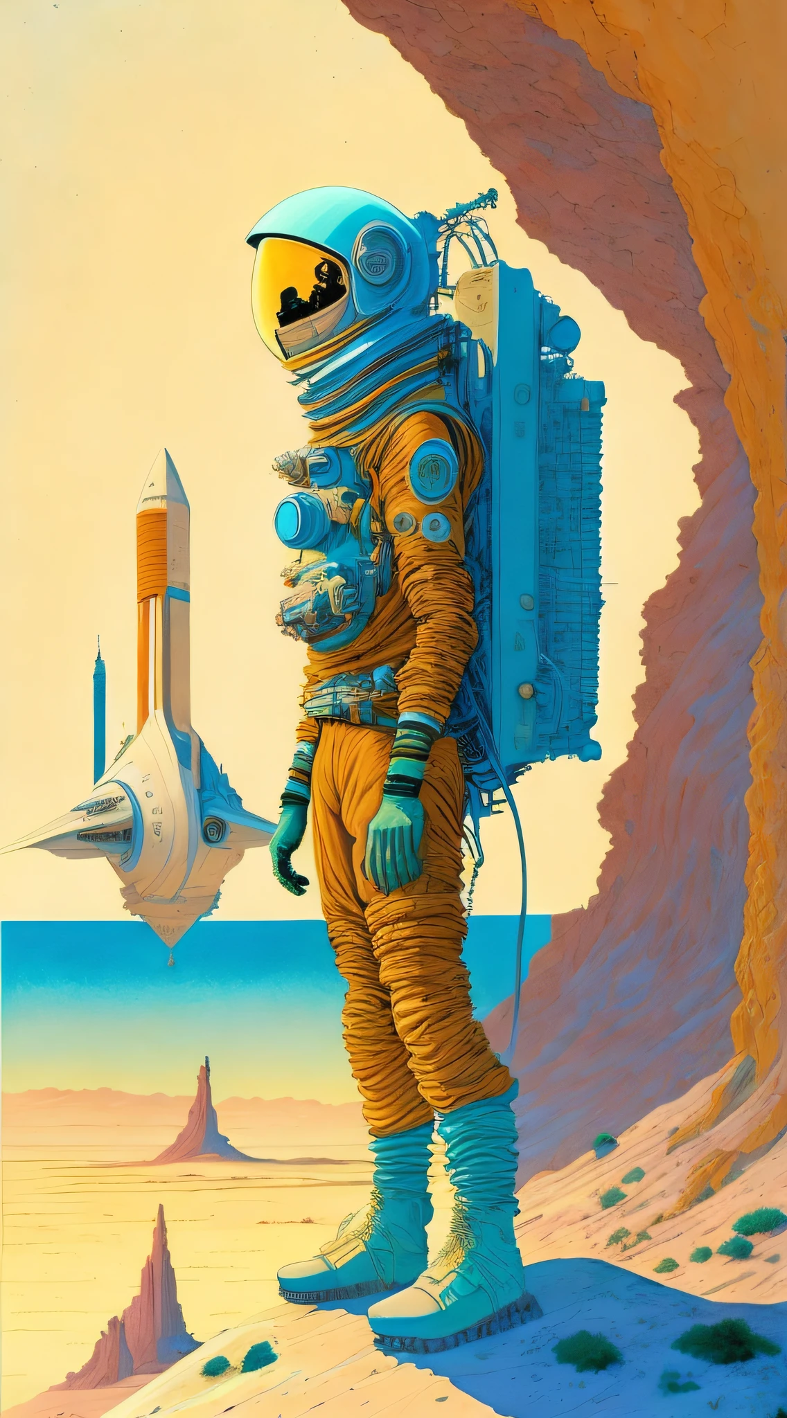 a painting of a Astronaut in Space Suit, standing on a cliff with a large spaceship in the background by Moebius Jean Giraud