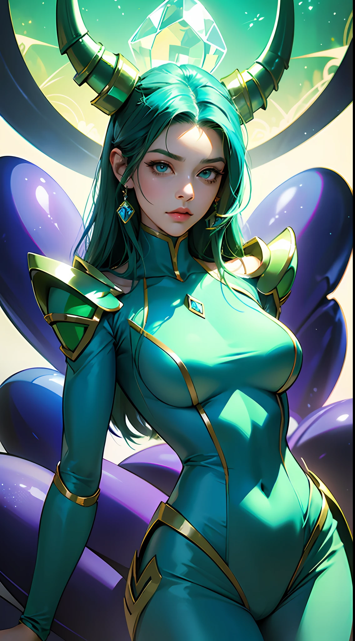 Cartoon photo of busty woman in blue and green costume、Hot insect humanoid female、Guyver Style、SFW version、Scarabeleploid、tail、Cel Shade Adult Animation、Alien Queen、Core Crystal、