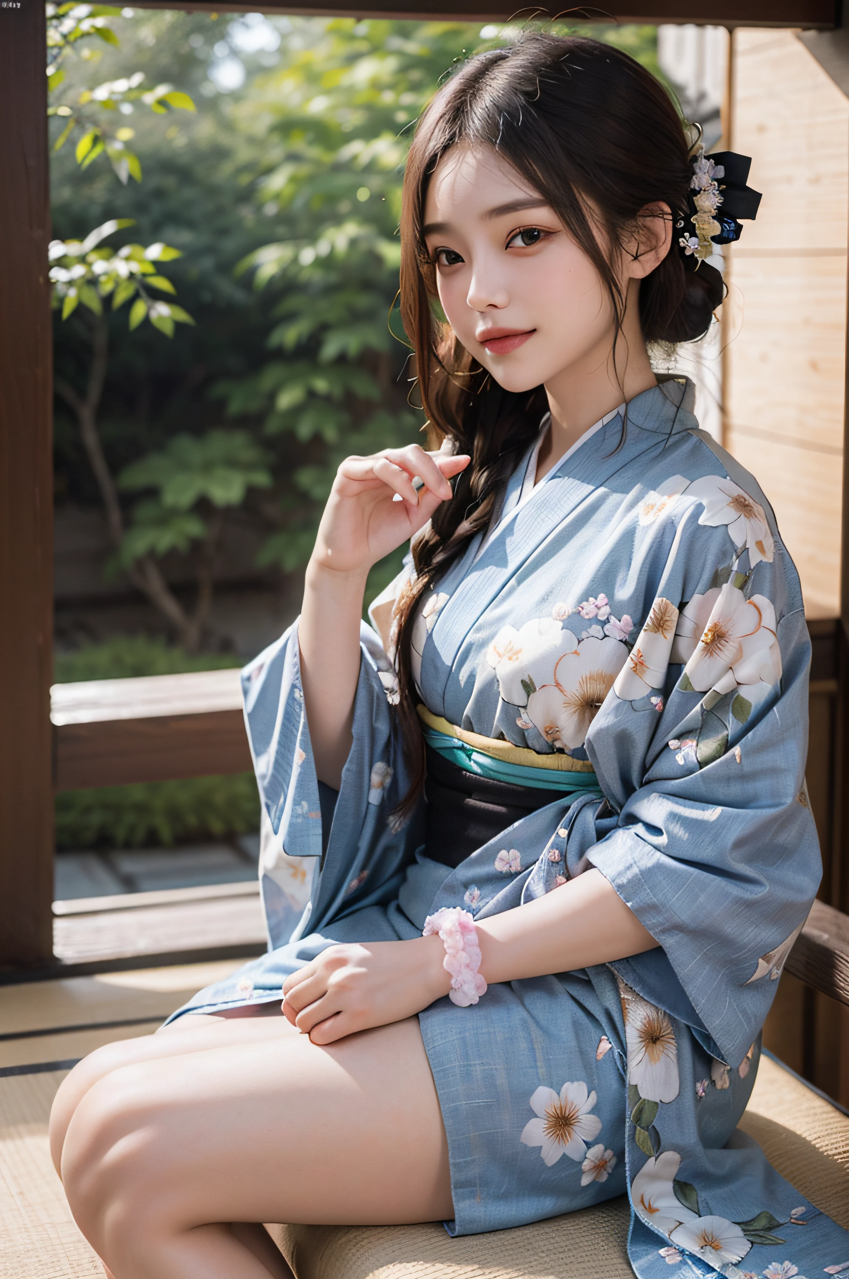 (Photorealsitic:1.4), (Top image quality:1.0), (超A high resolution:1.0), 8K, Raw photography, (​masterpiece:0.2), (pureerosface_v1:0.5)、(Best Quality Detail:1.2)、realisitic、8K UHD、hight resolution、(1girl in:1.2)、The ultra-detailliert、High quality textures、intricate detailes、detaileds、Very detailed CG、High quality shadows、Detail Beautiful delicate face、Detail Beautiful delicate eyes、depth of fields、Ray traching,1girl in, japanaese girl, Cute, slender, Black kimono, Kimono with Japanese pattern,Floral scrunchie, Beautiful skin, Facing the front,Sit down, Sit upright and say thank you,Align your hands elegantly,Smile faintly The Land of Japan,Japanese garden,Luxury Japanese-style room, skyporn, Magic Hour, (Realistic:1.3), Finely detailed, quality, (masutepiece:1.2), (Photorealistic:1.2), (Best Quality), (Intricate details), Dramatic, Ray tracing, photograph, +Lola