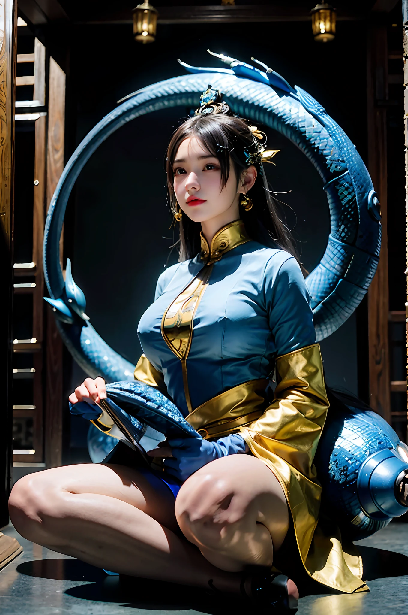 Woman sitting on the floor，With a sword and a snake, iu lee ji-eun as a super villain, ne zha from smite, kitana from mortal kombat, professional cosplay, portrait of chun - li, shaxi, Anime cosplay, full-body xianxia, cosplay, chun li, senna from league of legends, Inspired by Lan Ying, Li Zixin