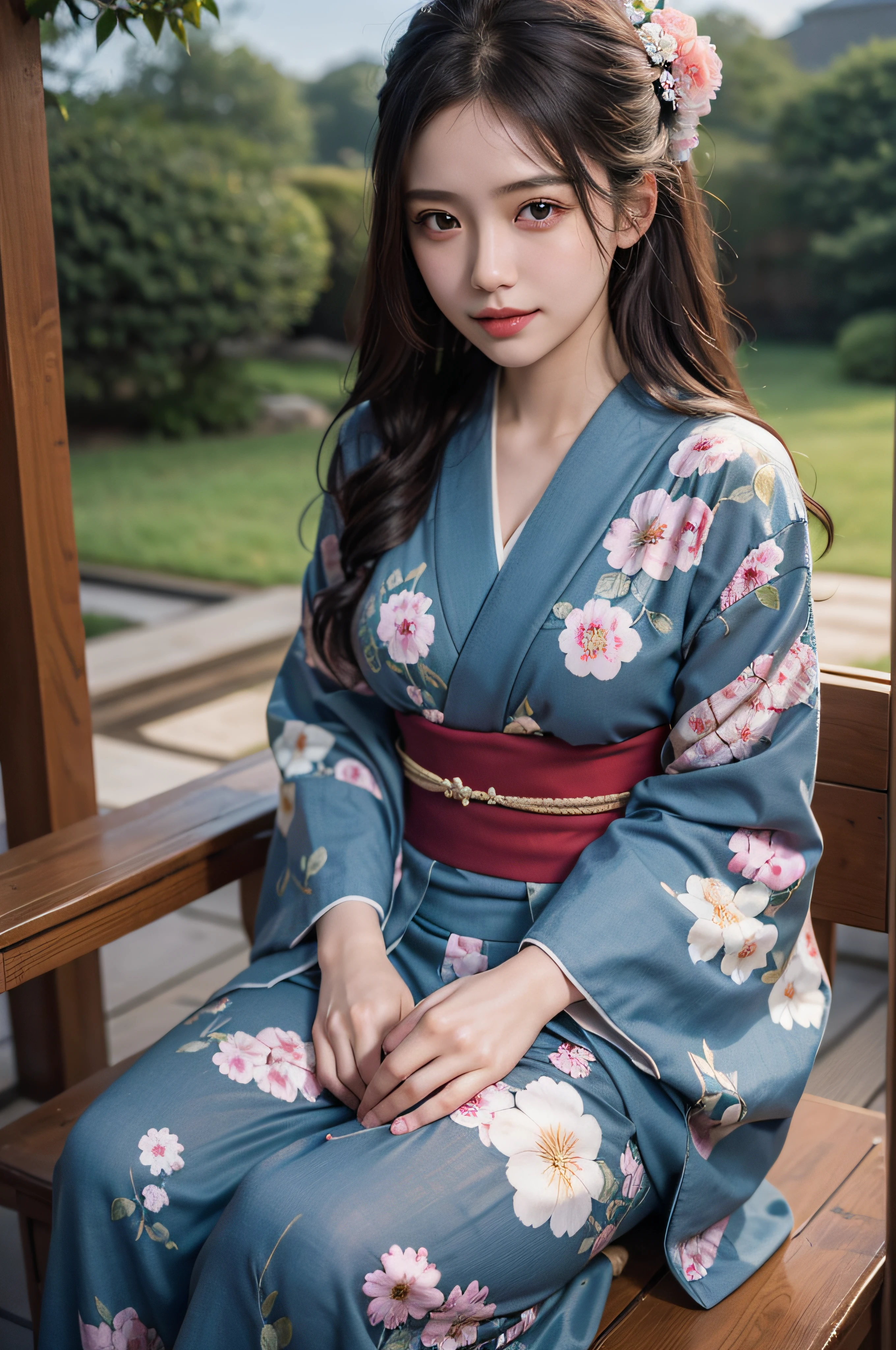 (Photorealsitic:1.4), (Top image quality:1.0), (超A high resolution:1.0), 8K, Raw photography, (​masterpiece:0.2), (pureerosface_v1:0.5)、(Best Quality Detail:1.2)、realisitic、8K UHD、hight resolution、(1girl in:1.2)、The ultra-detailliert、High quality textures、intricate detailes、detaileds、Very detailed CG、High quality shadows、Detail Beautiful delicate face、Detail Beautiful delicate eyes、depth of fields、Ray traching,1girl in, japanaese girl, Cute, slender, Black kimono, Kimono with Japanese pattern,Floral scrunchie, Beautiful skin, Facing the front,Sit down, Sit upright and say thank you,Align your hands elegantly,Smile faintly The Land of Japan,Japanese garden,Luxury Japanese-style room, skyporn, Magic Hour, (Realistic:1.3), Finely detailed, quality, (masutepiece:1.2), (Photorealistic:1.2), (Best Quality), (Intricate details), Dramatic, Ray tracing, photograph, +Lola