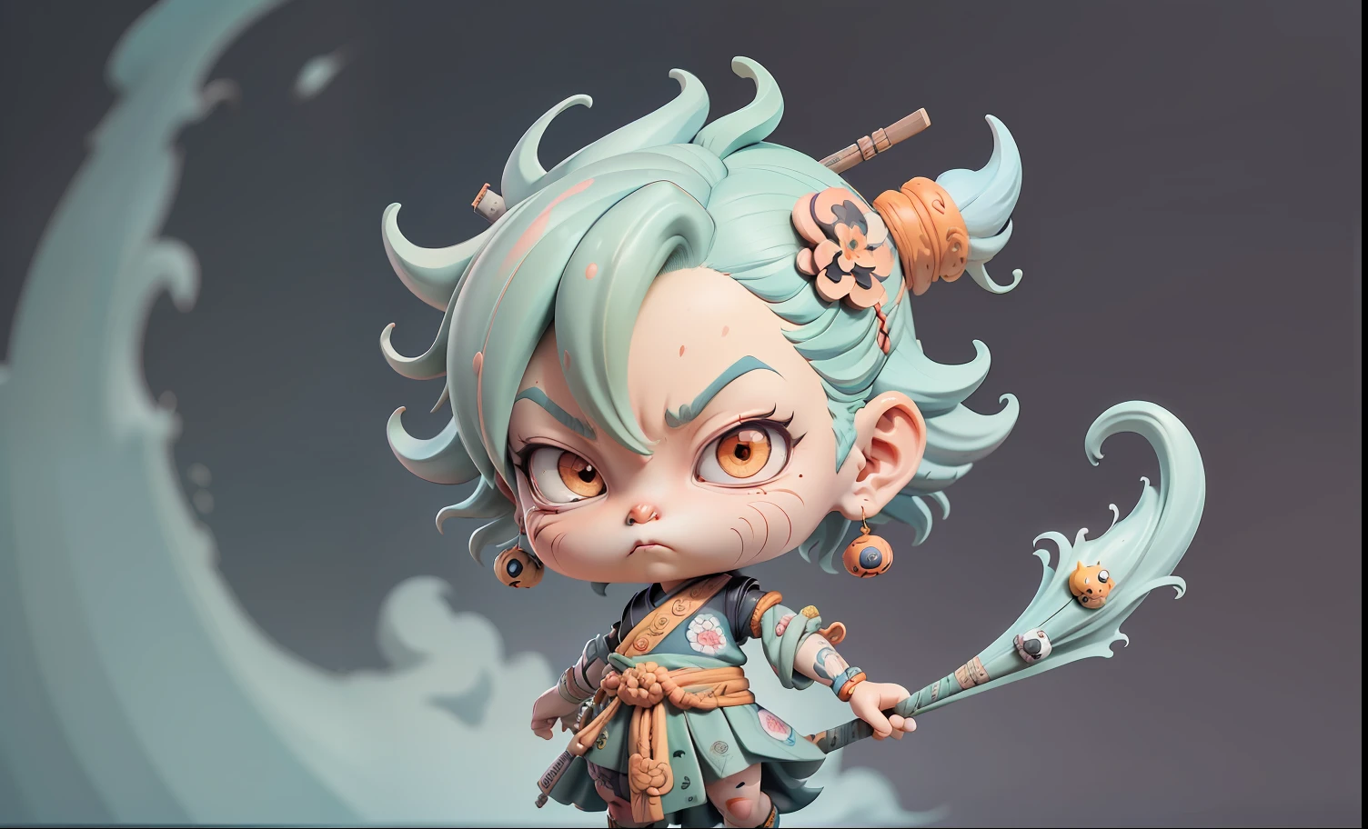 (Statue of the God of Wind and Thunder, Ukiyo-e sculpture, inspired by Shunkōsai Hokushū, Inspired by Ryūkōsai Jokei, inspired by Kawanabe Kyōsai, Anime figur, sideshow figurines, esao andrews and yoshitaka amano,,3C computer sub-products,iPad, iphone,Digital painting,3D character design by Mark Clairen and Pixar and Hayao Miyazaki and Akira Toriyama,The illustration is a high-definition illustration in 4K resolution,With very detailed facial features and cartoon-style visuals。