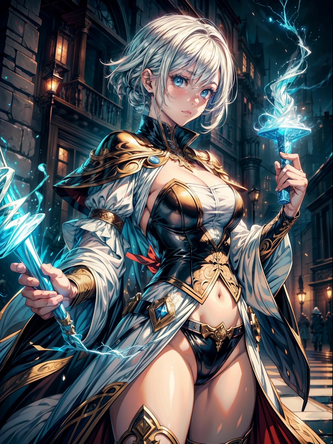 ((Best quality)), ((masterpiece)), ((highly intricate details)),beautiful, high quality, highres, absurdres, light difussion, intricate details, complex details, ((anime)), (anime:1.2) , (perfect face:1.3), extreme detailed eyes, colorful, highest detailed, vibrant colors, high contrast, (8K UHD:1.2), (photorealistic:1.2),(masterpiece:1.4), (best quality:1.4),extremely detailed wallpaper, highly detailed illustrations, ((1 Girl)), (best lighting) , (super-complex details) , 4K unified, (super-detailed CG: 1.2) , (8K: 1.2),(original), (masterpiece) , (best quality) , (reality: 1.3) , photorealistic, Octane rendering, (surreal: 1.2) ,a man, a thunder mage, archmage clothes, short white hair and blue eyes, holding a staff with lightning coming out of it, high quality, cool combat pose, medieval setting, lots of details, great mage