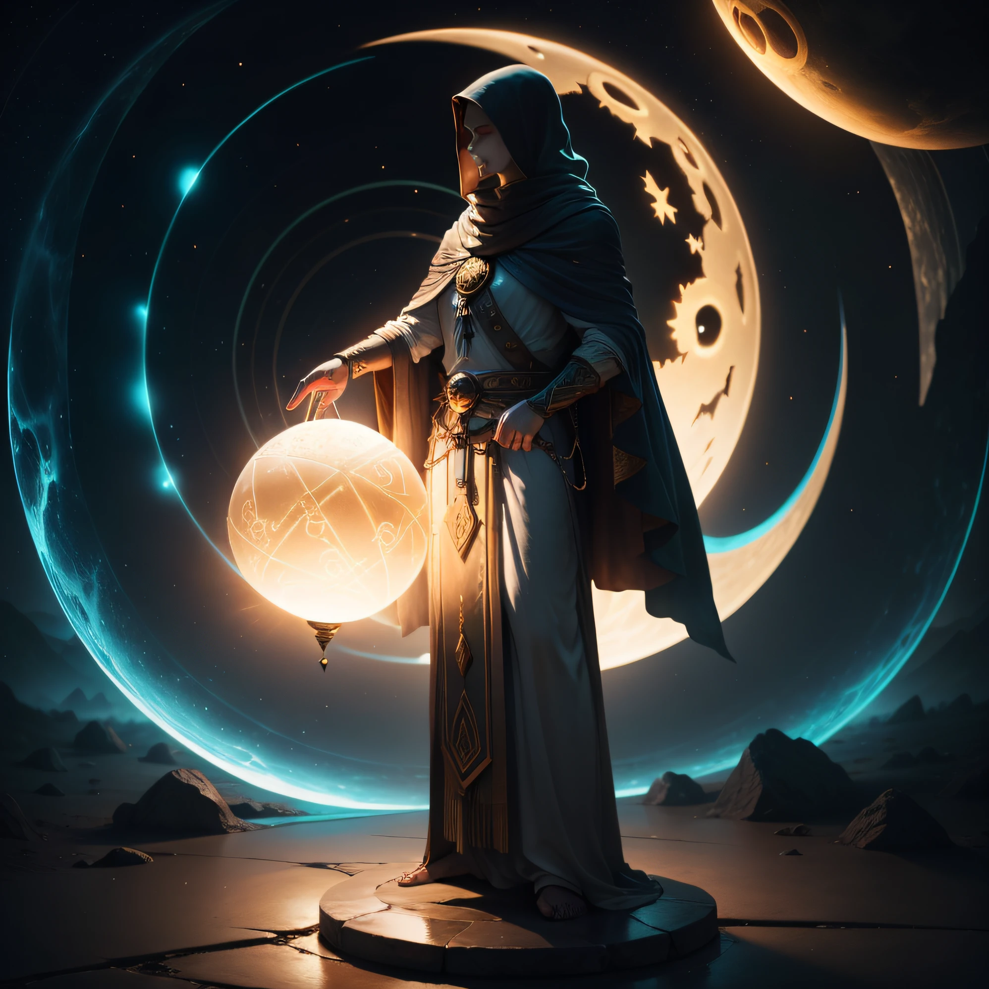 A wanderer, captivated by the orb's glow, standing in front of the pedestal, their hand reaching out, hinting at the connection between the orb and their inner aspirations.