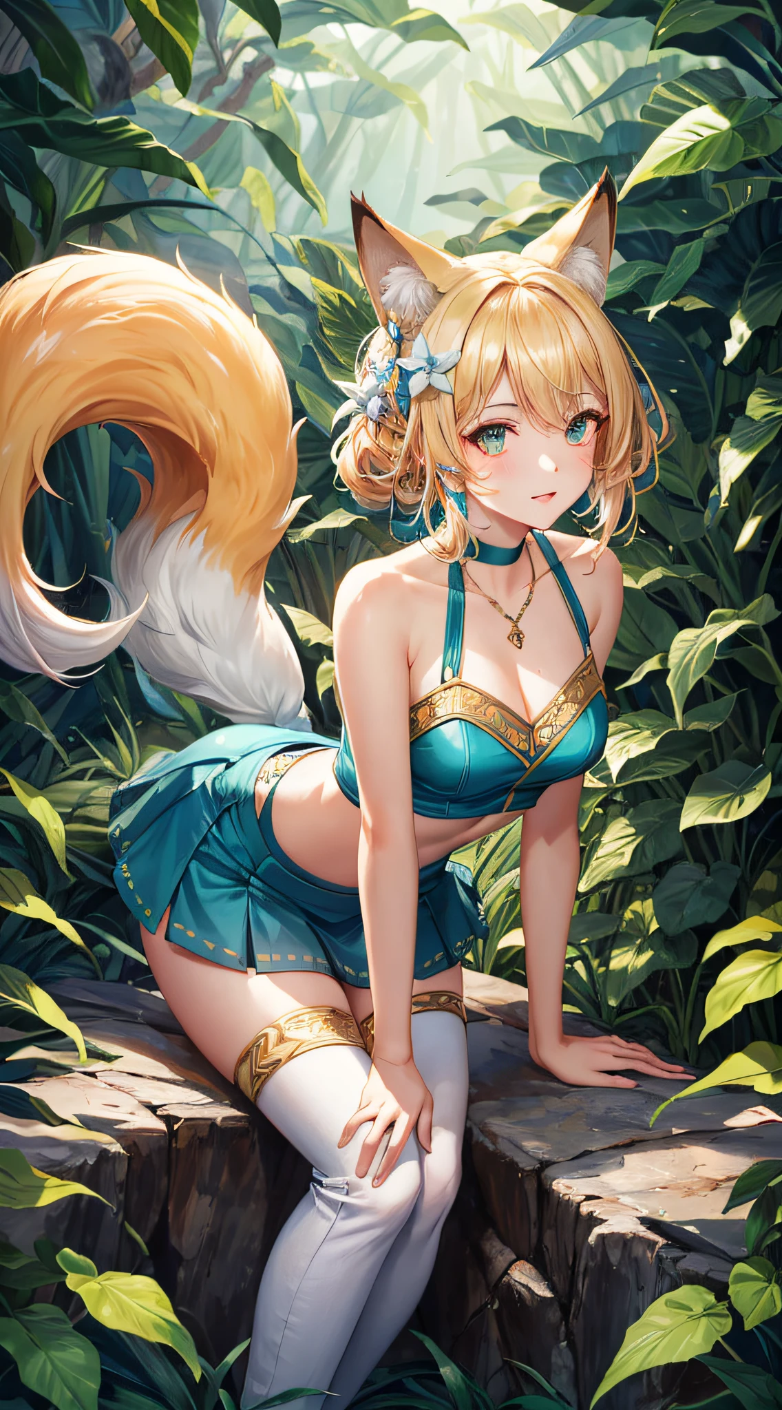 Best quality, Intricate details, 1girll,Ali,fox ear,fox tails,KDA Tanuki,golden hair,league of legend,Bend over,watchfulness, facial marks, hair adornments, hair flower, necklace, shorter pants, Crop topping,(Green lizard tail), ln the forest, jungles, the rainforest, A plant, Green trees,Short blue skirt,white skirt,Laser feeling,Super perfect face,perfect eyes,good-looking face,Crystal tail,Lots of tails,perfect eyes