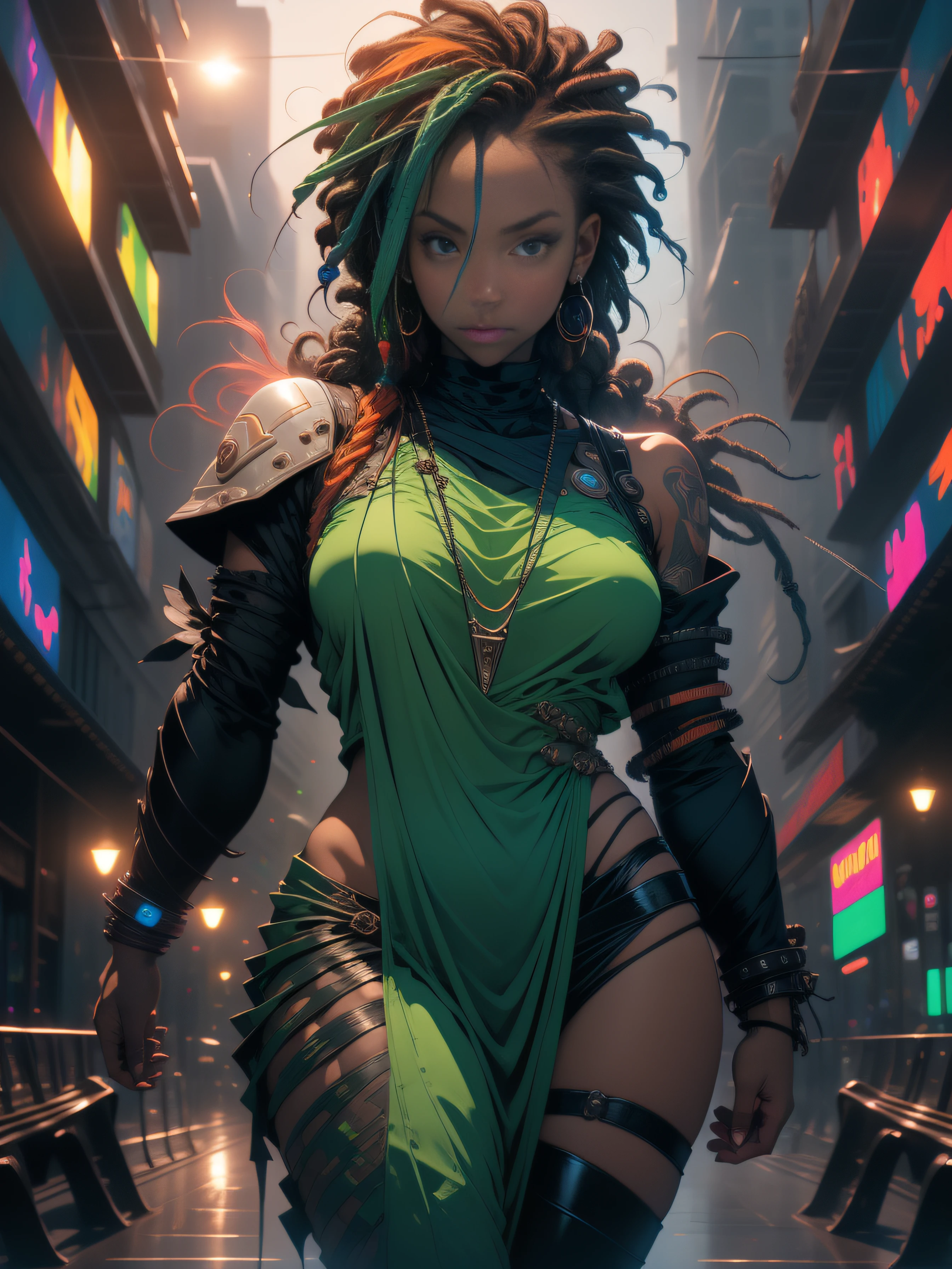 ((Best quality)), ((masterpiece)), (detailed: 1.4), Zulu African warrior woman, African bracelets and necklaces, black skin, (kemet, african, nigerian clothing with spectacular tribal wakanda, kemetic designs, explosion of colors, cosmic tattoo, nebulous, muscular sculptural body defined, whole body, half thick naked thighs, closed mouth, body covered by technological clothing, Neon Genesis Evangelion style, cyberpunk, generous neckline, ((perfect medium breasts)), (super light blue eyes), ((totally dark green and orange clothing)), (((hair with dreadlocks)))), long eyelashes and black heavy makeup, various African jewelry, garter belt made with barbed wire, by mucha, niji --V5, close to real, psychopath, crazy face, sexy pose, fractal background, 2 pieces clothing, pastel, centered, scale to fit the dimensions, HDR (High Dynamic Range),Ray Tracing,NVIDIA RTX, Super-Resolution,Unreal 5,Subsurface Dispersion, PBR Texture, Post-processing, Anisotropic Filtering, Depth of Field, Maximum Clarity and Sharpness, Multilayer Textures, Albedo and Specular Maps, Surface Shading, Accurate Simulation of Light-Material Interaction, Perfect Proportions, Octane Render, Two-Tone Lighting, Wide Aperture, Low ISO, White Balance, Rule of Thirds, 8K RAW, Crysisnanosuit