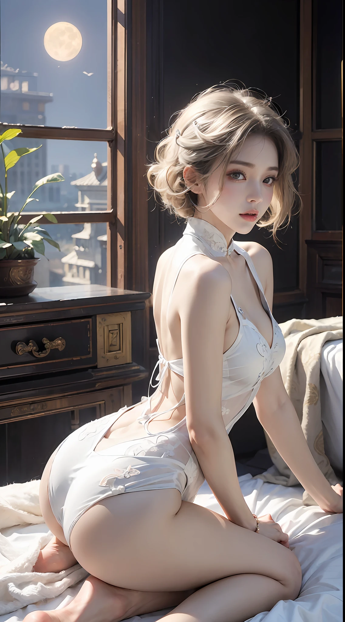 (top-quality、tmasterpiece:1.2),s girl,with short white hair、Smooth skin、Beautiful mouth、Smooth legs、Busty body,Black and white transparent close-fitting cheongsam,No underwear,Moon,onbed,Riding position,Visible on the back,Butt visible,
