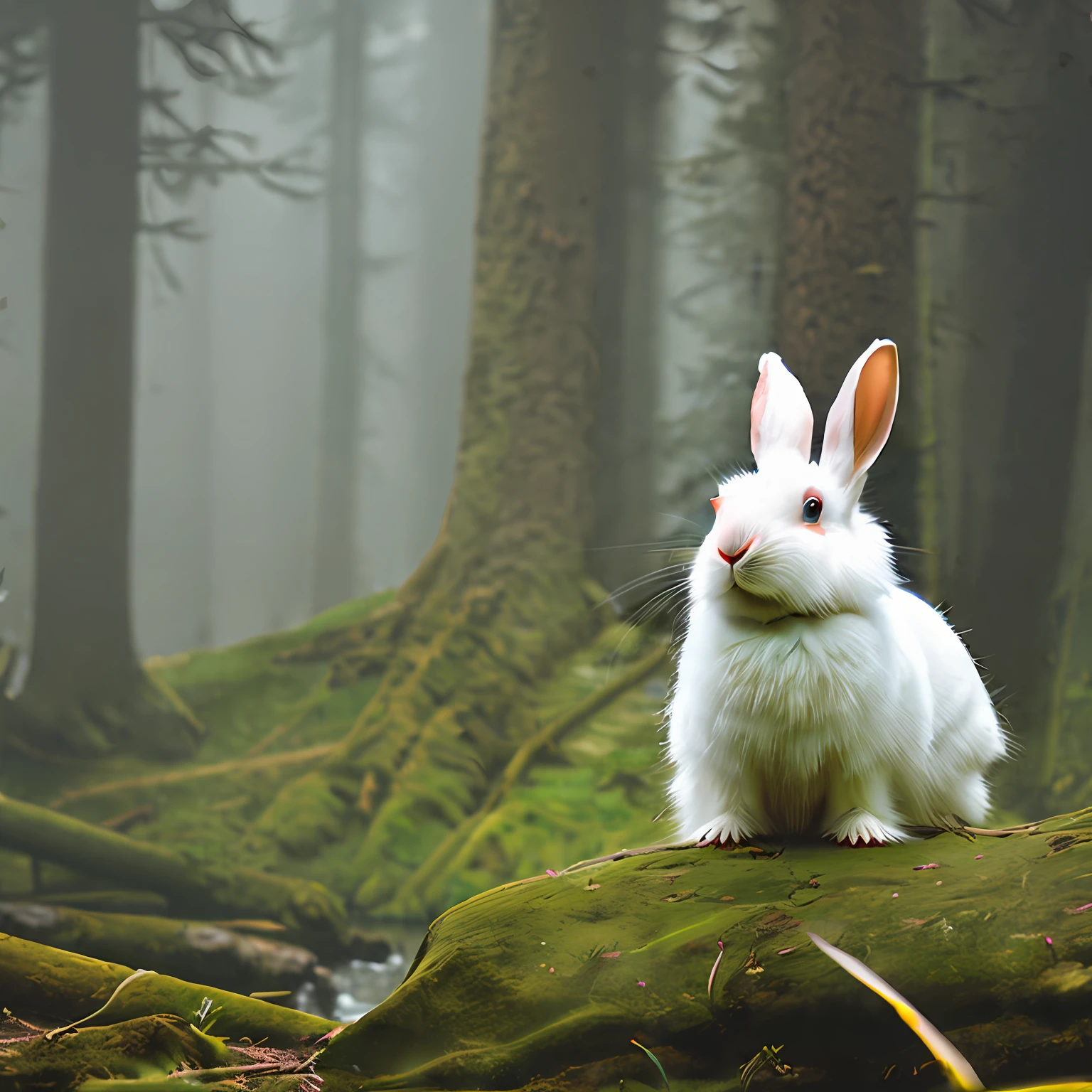 classicnegative portrait photo, fantasy video game character concept art, a cute white fluffy rabbit wearing a small brown leather backpack looking at a map hiking through a forest, dungeons and dragons, fantasy, river, haze, halation, bloom, dramatic atmosphere, 1970s dark fantasy movie, centred, rule of thirds