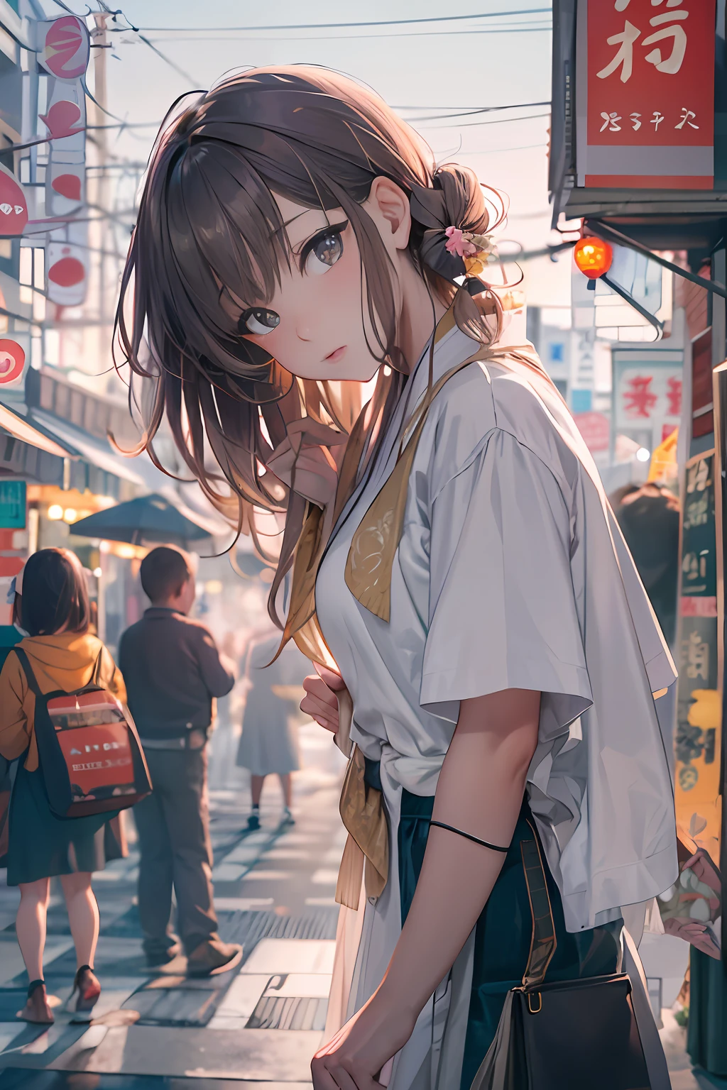 Female, 22 years old, 17mm ultra wide angle、Portrait of a freckle teacher、Life on the streets of a modern city:white  shirt、Slate atmosphere、brightly lit room、35 mm film、movie、faded colors、Dark shots、Soft colors、Grainy film、lut、insane detail、intricate-detail、ultra-detailliert、a closeup、Masterpiece of twilight, top-quality, ultra-detailliert, illustratio, omatsuri, food stand, 1girl in, beautidful eyes, looking at the viewers, from the rear, cowboy  shot, Looks Back, bath robe, The tree, plein air, Wagas, Walking, Large crowds, natta, lanthanum, matsuri, foods, paved, crosswalk, paper lanterns, streetlights, brown haired, nigh sky,soft portrait shot 8 k, Portrait of Japan twenties,Cute Portrait, portrait cute-fine-face, Color photo portrait 4k, soft portrait,poneyTail、In the street