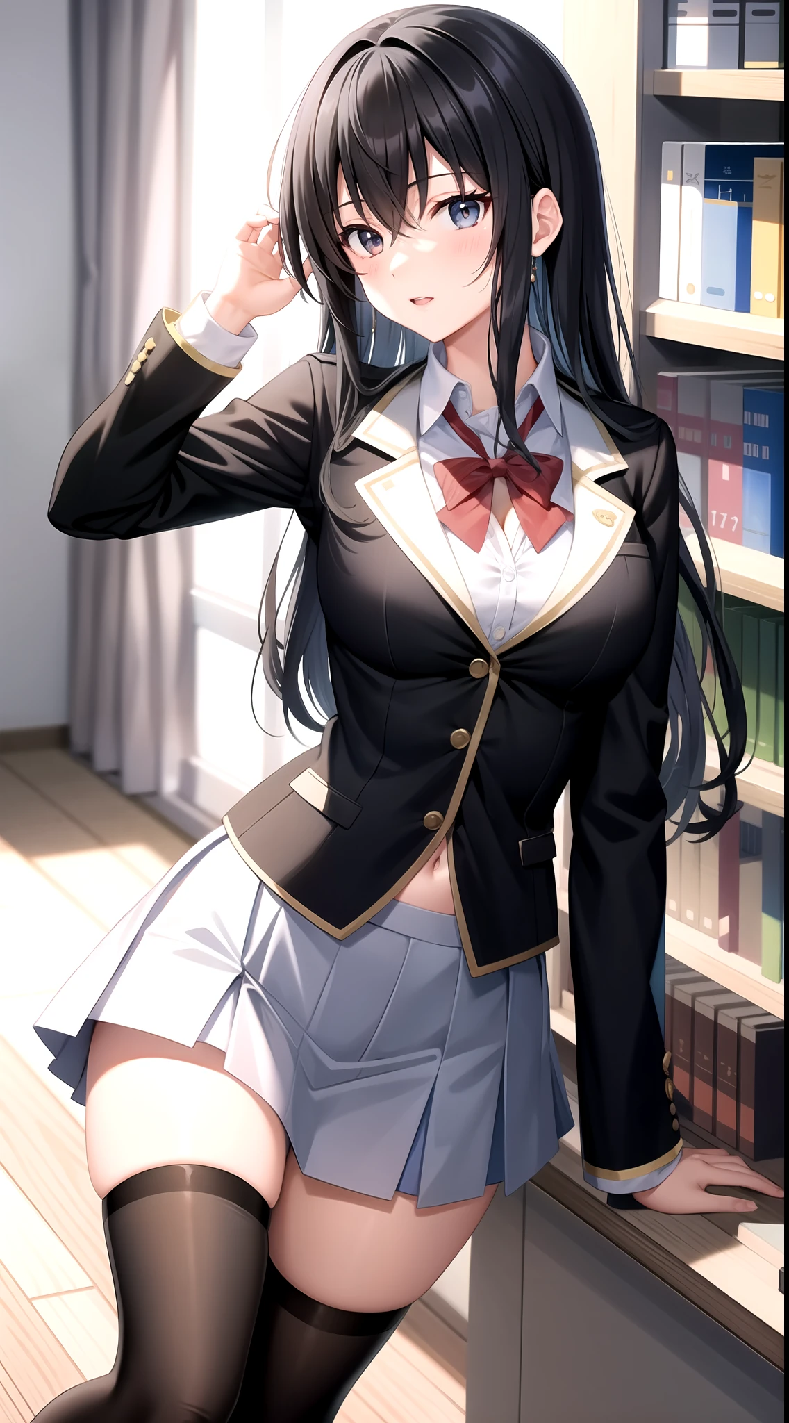 Yukino yukinoshita, long hair, cleavage, navel, slim legs, black hair, blue eyes, short skirt, thigh high socks, , happy, school uniform, library