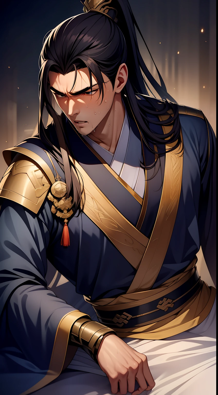 quadratic element，style of anime，mtu（Male Warrior），musculature，The proportions are correct，Face details，swordsmen，High ponytail hairstyle，perspired，Sweat on the face，drools，Neck details，There is an Adam's apple，Get wet，Drenched，Black Hanfu，kaftan，Embroidered robes，Black robe，clothes details，Handing over，longer sleeves，Game quality，Swordsmanship，Light and shadow tracking，Ray traching，detailed glow，cg render，hair detail，cabelos preto e longos，Golden eyes，Sweat on the face，Handsome，Handsome，Beads of sweat slipped down my neck，（juvenile sense），Clothing is complicated，Drenched，Get wet，Perfectcomposition，Refinement，high qulity，higher details，Lots of details，The background is complex，a sense of atmosphere，