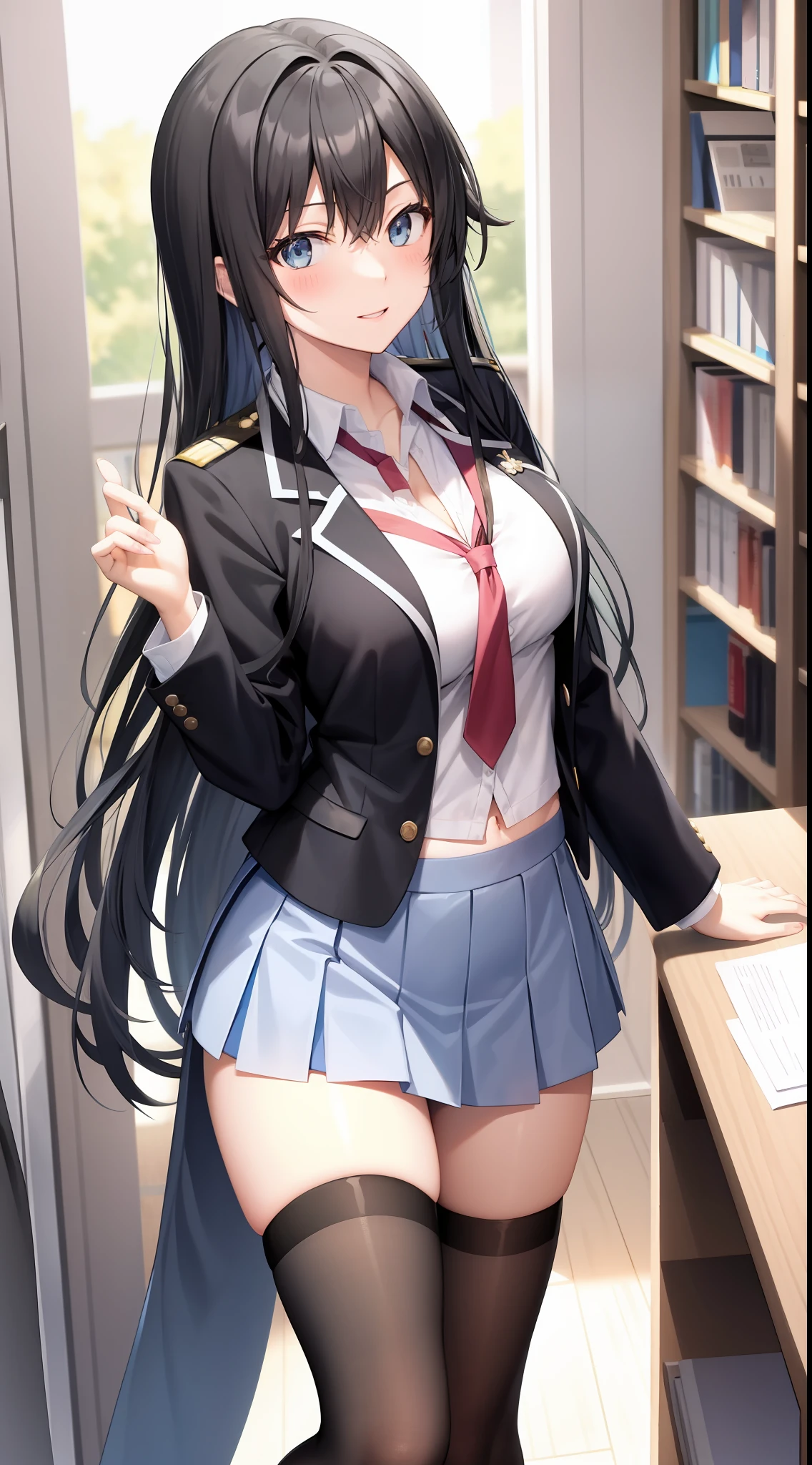 Yukino yukinoshita, long hair, cleavage, navel, slim legs, black hair, blue eyes, short skirt, thigh high socks, , happy, school uniform, library