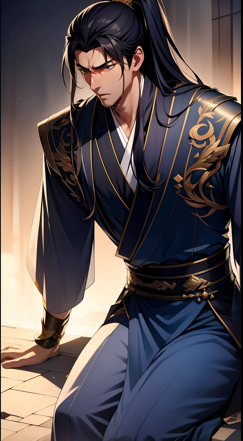 quadratic element,style of anime,mtu(Male Warrior),musculature,The proportions are correct,Face details,swordsmen,High ponytail hairstyle,perspired,Sweat on the face,drools,Neck details,There is an Adam's apple,Get wet,Drenched,Black Hanfu,kaftan,Embroidered robes,Black robe,clothes details,Handing over,longer sleeves,Game quality,Swordsmanship,Light and shadow tracking,Ray traching,detailed glow,cg render,hair detail,cabelos preto e longos,Golden eyes,Sweat on the face,Handsome,Handsome,Beads of sweat slipped down my neck,(juvenile sense),Clothing is complicated,Drenched,Get wet,Perfectcomposition,Refinement,high qulity,higher details,Lots of details,The background is complex,a sense of atmosphere,