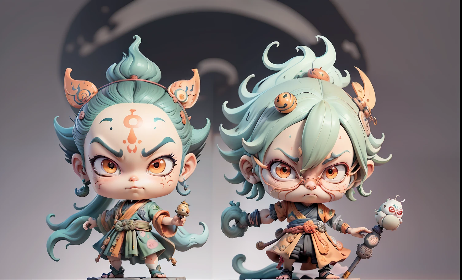 (Statue of the God of Wind and Thunder, Ukiyo-e sculpture, inspired by Shunkōsai Hokushū, Inspired by Ryūkōsai Jokei, inspired by Kawanabe Kyōsai, Anime figur, sideshow figurines, esao andrews and yoshitaka amano,,3C computer sub-products,iPad, iphone,Digital painting,3D character design by Mark Clairen and Pixar and Hayao Miyazaki and Akira Toriyama,The illustration is a high-definition illustration in 4K resolution,With very detailed facial features and cartoon-style visuals。