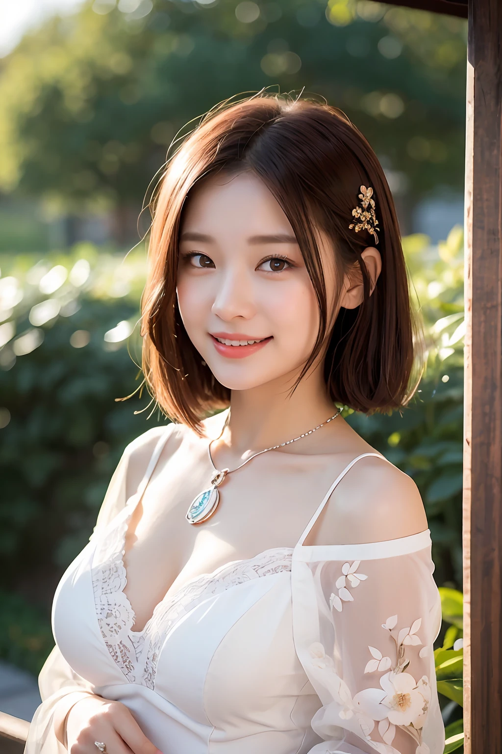 1人、Blushing cheeks、shyly smile、optic、White lace dress with open chest、large full breasts、florals、hair pin、a necklace、Outdoor scenery、depth of fields、pointed red mouth、Glossy reddish-brown shorthair、Black eyes、鎖骨、Beautiful fingers、Hourglass body、