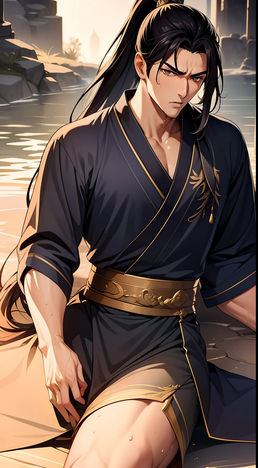 quadratic element，style of anime，mtu（Male Warrior），musculature，The proportions are correct，Face details，swordsmen，High ponytail hairstyle，perspired，Sweat on the face，drools，Neck details，There is an Adam's apple，Get wet，Drenched，Black Hanfu，kaftan，Embroidered robes，Black robe，clothes details，Handing over，longer sleeves，Game quality，Swordsmanship，Light and shadow tracking，Ray traching，detailed glow，cg render，hair detail，cabelos preto e longos，Golden eyes，Sweat on the face，Handsome，Handsome，Beads of sweat slipped down my neck，（juvenile sense），Clothing is complicated，Drenched，Get wet，Perfectcomposition，Refinement，high qulity，higher details，Lots of details，The background is complex，a sense of atmosphere，