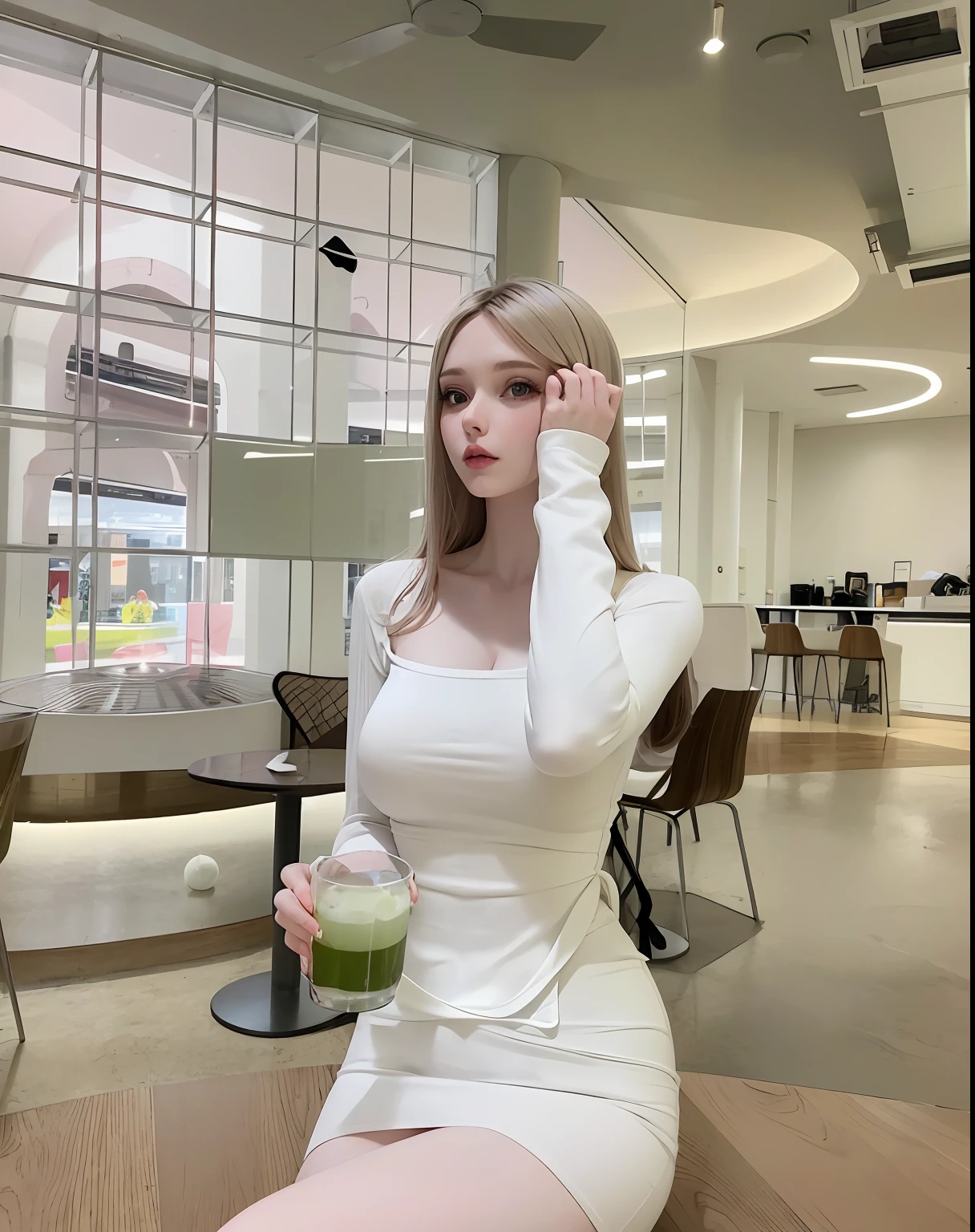 there is a woman sitting on a table holding a drink, anna nikonova aka newmilky, amouranth, young beautiful amouranth, smooth white tight clothes suit, better known as amouranth, 2 4 year old female model, leaked image, pale milky white porcelain skin, sitting on a table, on a white table, yelena belova