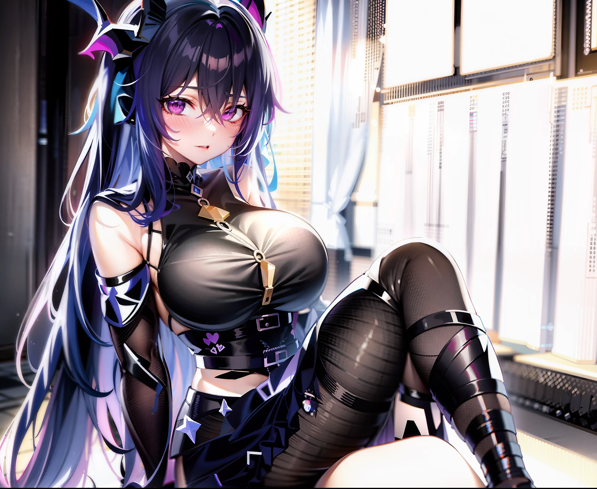 anime com cabelo roxo e meias pretas sentada em uma cama, menina sedutora, Artgerm extremamente detalhado, badass anime 8 k, Impacto de Ayaka Genshin, Succubus em vestido curto apertado, Succubus bonito, mulher bonita sedutora do anime, Crotchet, night core, 8k arte detalhada de alta qualidade, Melhor Anime 4K Konachan Wallpaper