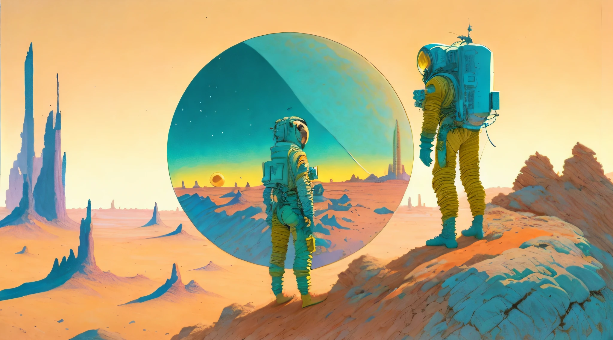 a painting of a Astronaut in Space Suit, standing on a cliff with a large spaceship in the background by Moebius Jean Giraud