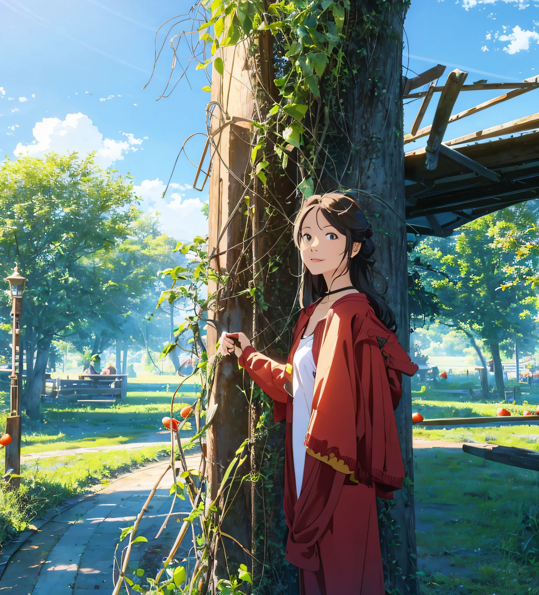 Beautiful woman picking tomatoes, beautiful scenery, clear picture quality, blue sky
