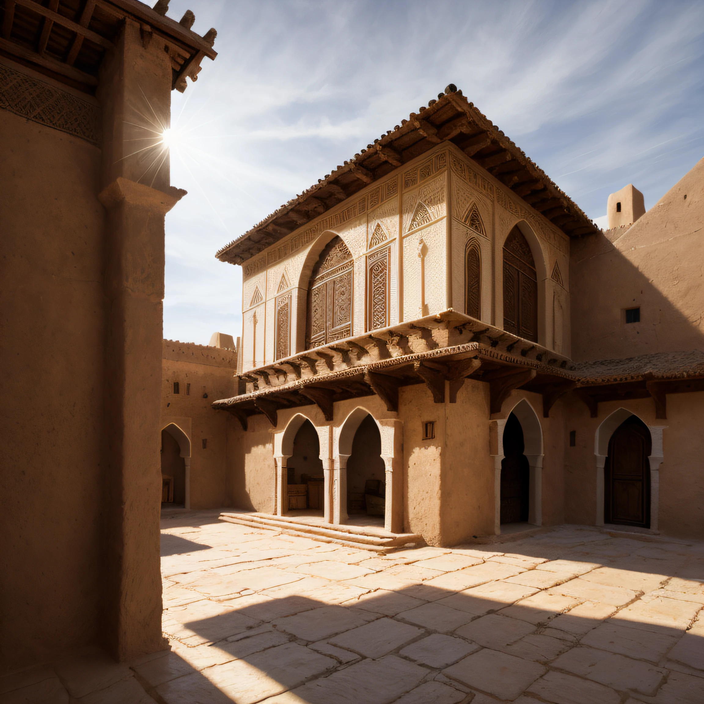 close up depiction of a medieval fantasy north african traditional house, small, humble, exterior, medieval fantasy north african architecture, in a medieval fantasy north african traditional city, (backlighting), realistic, masterpiece, highest quality, lens flare, shade, bloom, [[chromatic aberration]], by Jeremy Lipking, by Antonio J. Manzanedo, digital painting