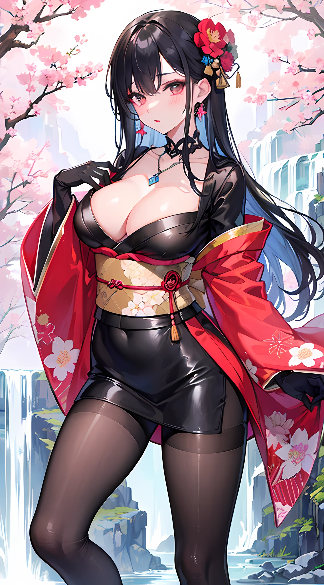 1girl, (solo:1.2), (half body shot:1.2), (Beautiful and detailed eyes description), (Beautiful and detailed face), (Beautiful and detailed eyes), (Beautiful and detailed lips), Perfect female body, neat figure, slender waist, (young girl), (25 years old), long hair, red and black mix hair, very big eyes, glowing red eyes, large breasts, blush, wondering, lipstick, makeup,
demon, (tight clothes, sakura flower pattern kimono, sexy kimono:1.2), (black gloves:1.2), (black pantyhose:1.2), high heels, necklace, earrings, beautiful nature surrounding by waterfall,
(best quality), (ultra detailed), (masterpiece), (highres), (original), (extremely detailed CG unity 8K wallpaper), character design, game cg, detailed manga illustration, single character