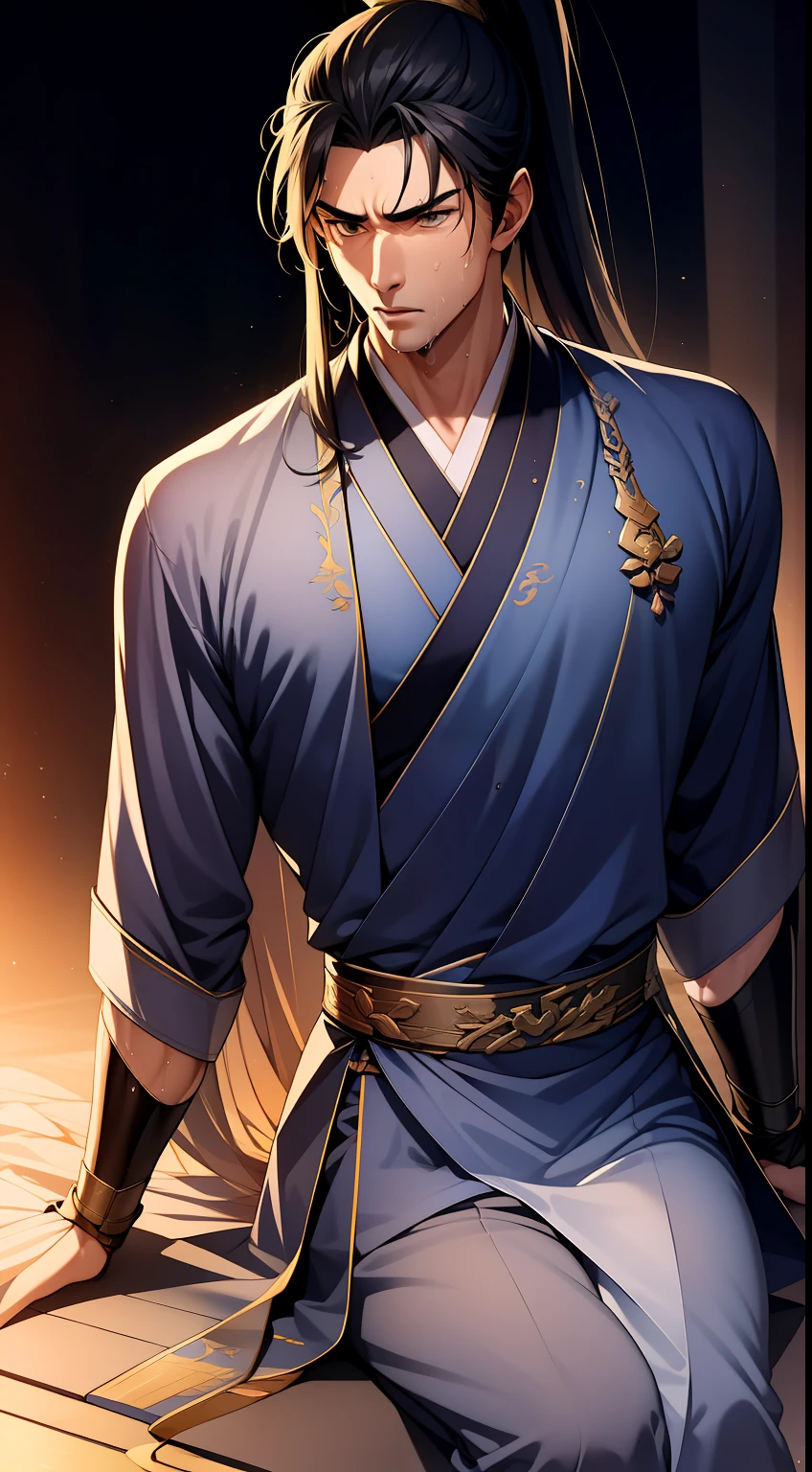 quadratic element,style of anime,mtu(Male Warrior),musculature,The proportions are correct,Face details,swordsmen,High ponytail hairstyle,perspired,Sweat on the face,drools,Neck details,There is an Adam's apple,Get wet,Drenched,Black Hanfu,kaftan,Embroidered robes,Black robe,clothes details,Handing over,longer sleeves,Game quality,Swordsmanship,Light and shadow tracking,Ray traching,detailed glow,cg render,hair detail,cabelos preto e longos,Golden eyes,Sweat on the face,Handsome,Handsome,Beads of sweat slipped down my neck,(juvenile sense),Clothing is complicated,Drenched,Get wet,Perfectcomposition,Refinement,high qulity,higher details,Lots of details,The background is complex,a sense of atmosphere,