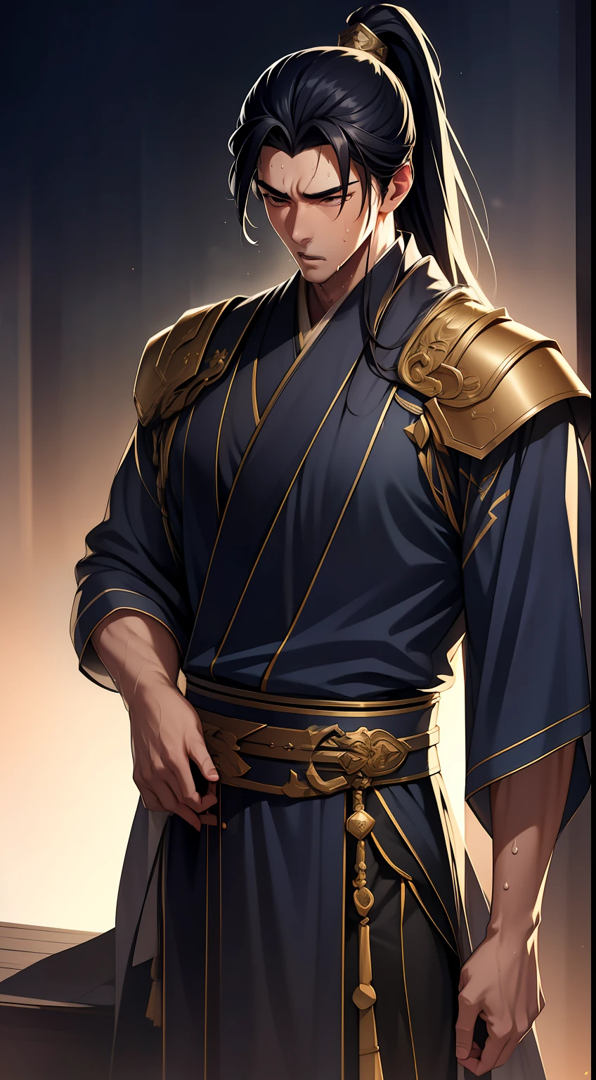 quadratic element,style of anime,mtu(Male Warrior),musculature,The proportions are correct,Face details,swordsmen,High ponytail hairstyle,perspired,Sweat on the face,drools,Neck details,There is an Adam's apple,Get wet,Drenched,Black Hanfu,kaftan,Embroidered robes,Black robe,clothes details,Handing over,longer sleeves,Game quality,Swordsmanship,Light and shadow tracking,Ray traching,detailed glow,cg render,hair detail,cabelos preto e longos,Golden eyes,Sweat on the face,Handsome,Handsome,Beads of sweat slipped down my neck,(juvenile sense),Clothing is complicated,Drenched,Get wet,Perfectcomposition,Refinement,high qulity,higher details,Lots of details,The background is complex,a sense of atmosphere,