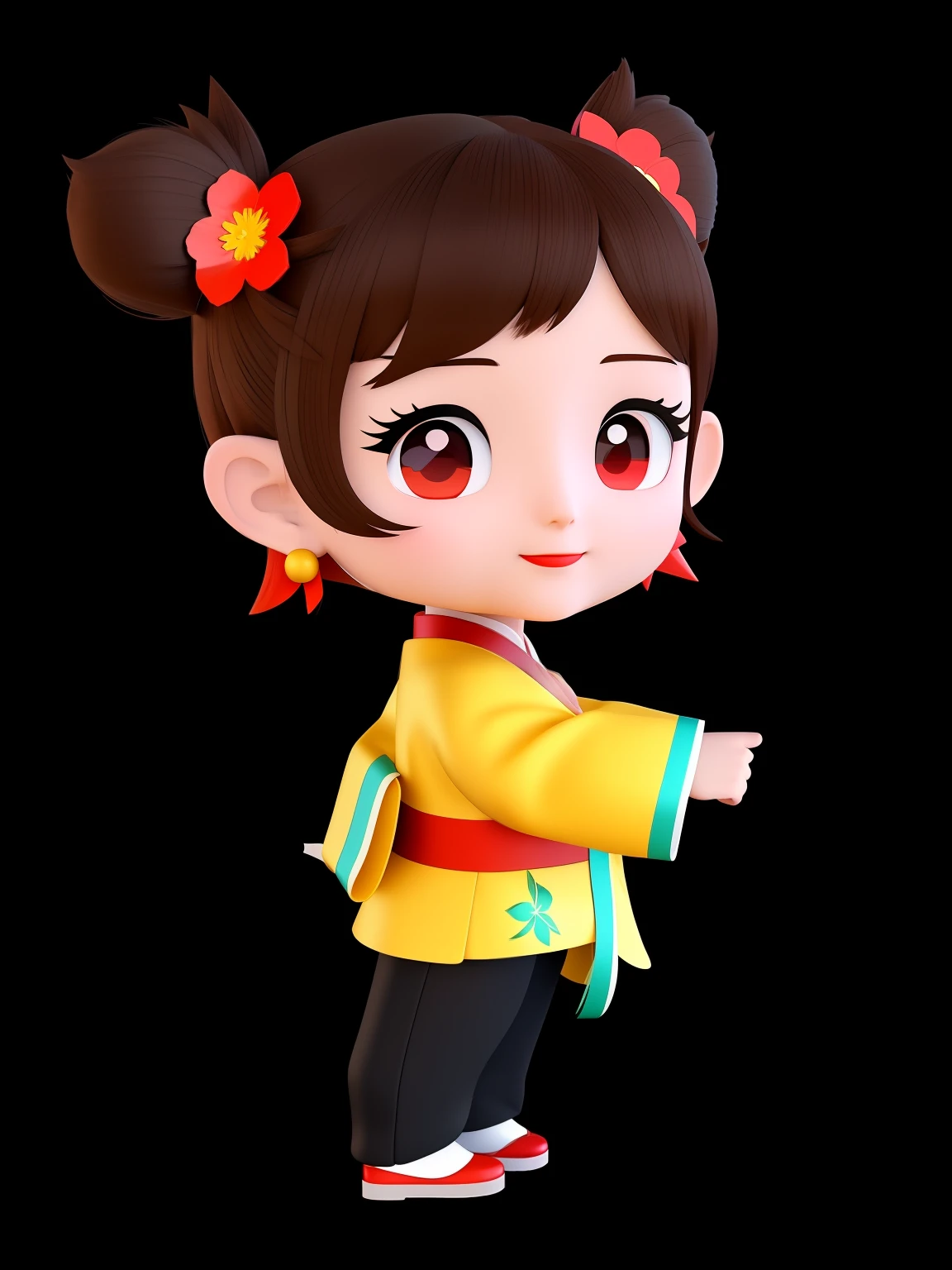 Cartoon girl in traditional Chinese costume,There are red flowers on the hair, cute character, close up character, character posing, Stylized anime, render of a cute 3d anime girl, character is in her natural pose, merged character, very stylized character design, stylized character, highly detailed character, Stylized character design, inspired by Takehisa Yumeji