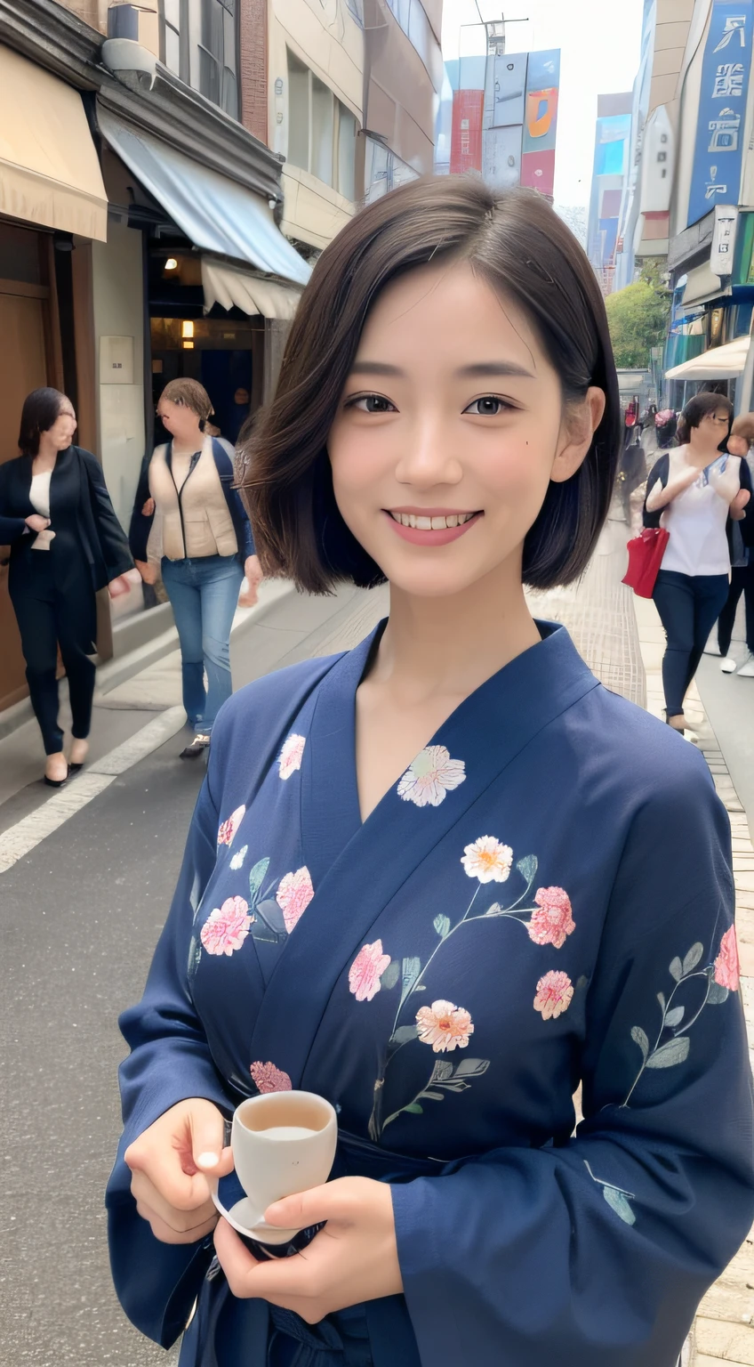 ((top-quality、8K、​masterpiece:1.3))、selfy、Beautuful Women:1.4、(Tea Shorthair、Normal breasts:1.3)、(Japan floral yukata)、Highly detailed facial and skin texture、A detailed eye、二重まぶた、A smile:1.5、full body Esbian、matsuri、In the street、natta、The upper part of the body