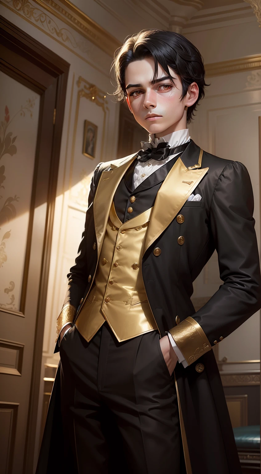 (a young man with black hair and red eyes, dressed in a stylish golden Victorian era suit, appearing to be only )