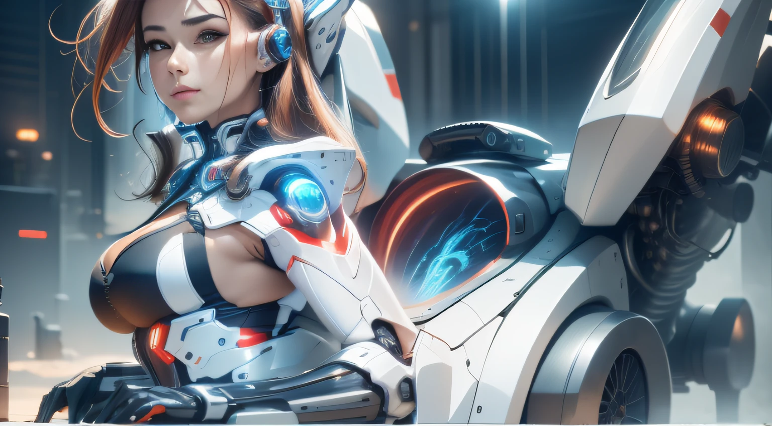 Highest image quality，Outstanding details，超高分辨率，（Fidelity：1.4）, Favor the details，closeup cleavage，The background is a scene of a cosmic celestial body, High-tech ships fly far,He has a delicate and beautiful face，（（Blue-white semi-mechanical body：1.8）），High-tech mecha weapons, Raised sexy，frontage，cyber punk perssonage，Futuristic，mechanically aesthetic，Virtual Engine 5，Perfect detail rendering，rendering by octane，hyper HD