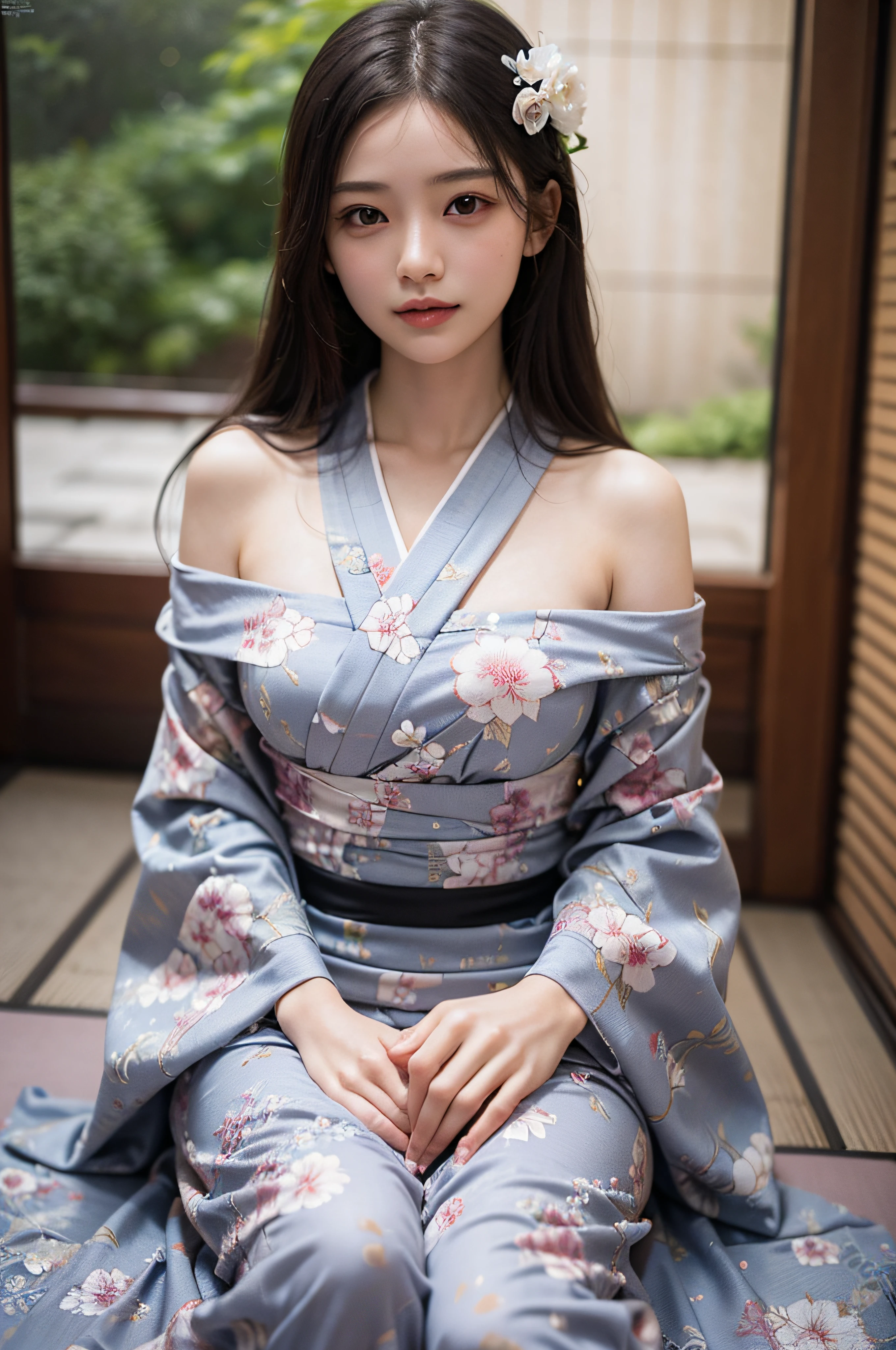 (Photorealsitic:1.4), (Top image quality:1.0), (超A high resolution:1.0), 8K, Raw photography, (masterpiece:0.2), (pureerosface_v1:0.5)、(Best Quality Detail:1.2)、realisitic、8K UHD、hight resolution、(1girl in:1.2)、The ultra-detailliert、High quality textures、intricate detailes、detaileds、Very detailed CG、High quality shadows、Detail Beautiful delicate face、Detail Beautiful delicate eyes、depth of fields、Ray traching,1girl in, japanaese girl, Cute, slender, Black kimono, Kimono with Japanese pattern,Floral scrunchie, Beautiful skin, Facing the front,Sit down, Sit upright and say thank you,Align your hands elegantly,Smile faintly The Land of Japan,Japanese garden,Luxury Japanese-style room, skyporn, Magic Hour, (Realistic:1.3), Finely detailed, quality, (masutepiece:1.2), (Photorealistic:1.2), (Best Quality), (Intricate details), Dramatic, Ray tracing, photograph, +Lola