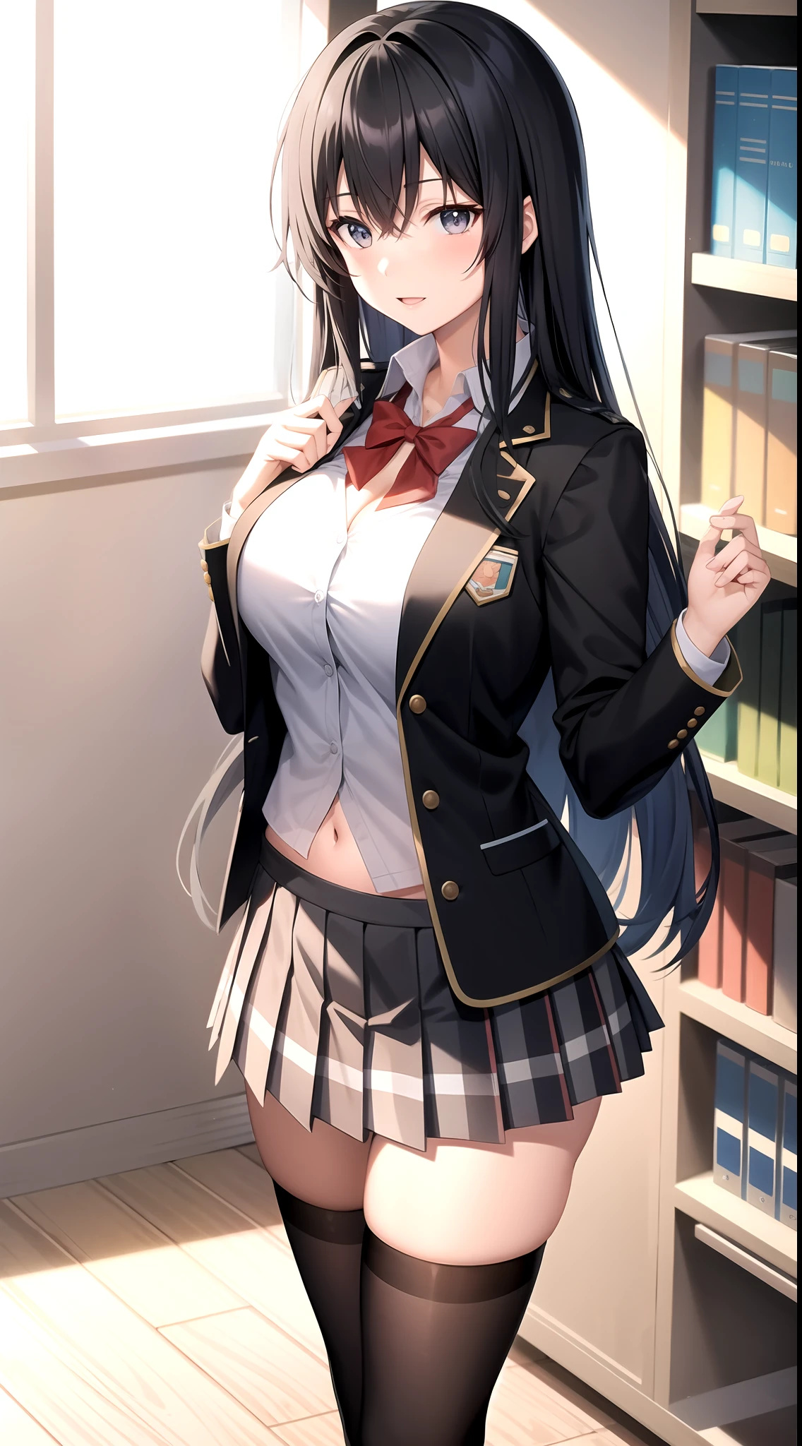 Yukino yukinoshita, long hair, cleavage, navel, slim legs, black hair, blue eyes, short skirt, thigh high socks, teen, happy, school uniform, library